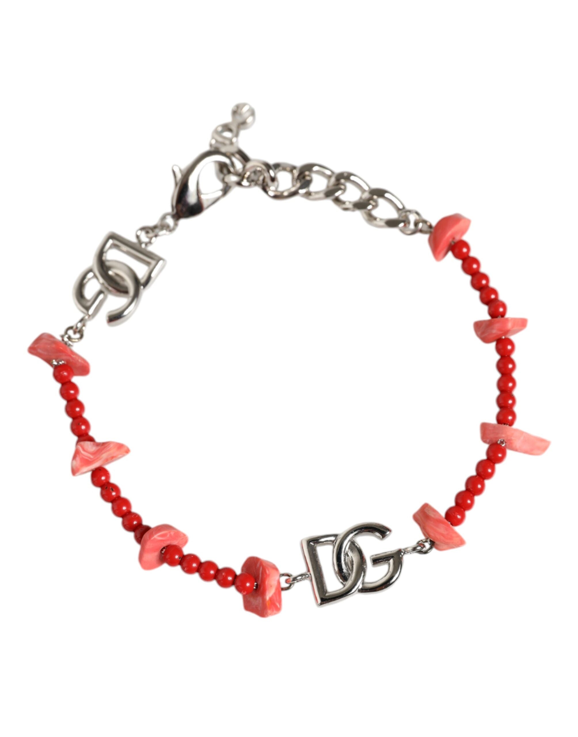 Dolce & Gabbana Silver-tone Brass Pearl Resin DG Logo Chain Bracelet