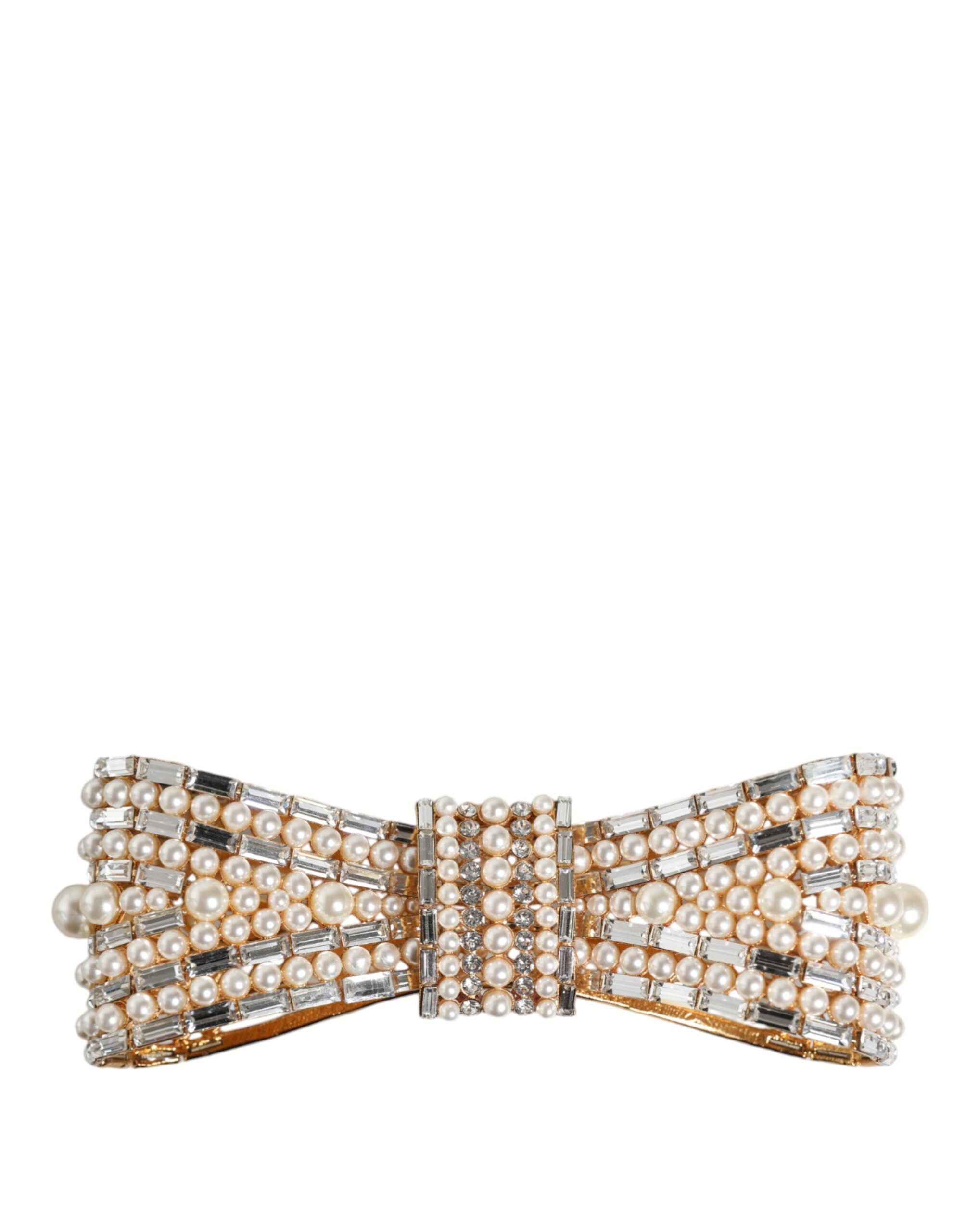 Dolce & Gabbana Gold-Tone Brass Bow Crystal Faux Pearl Embellished Brooch