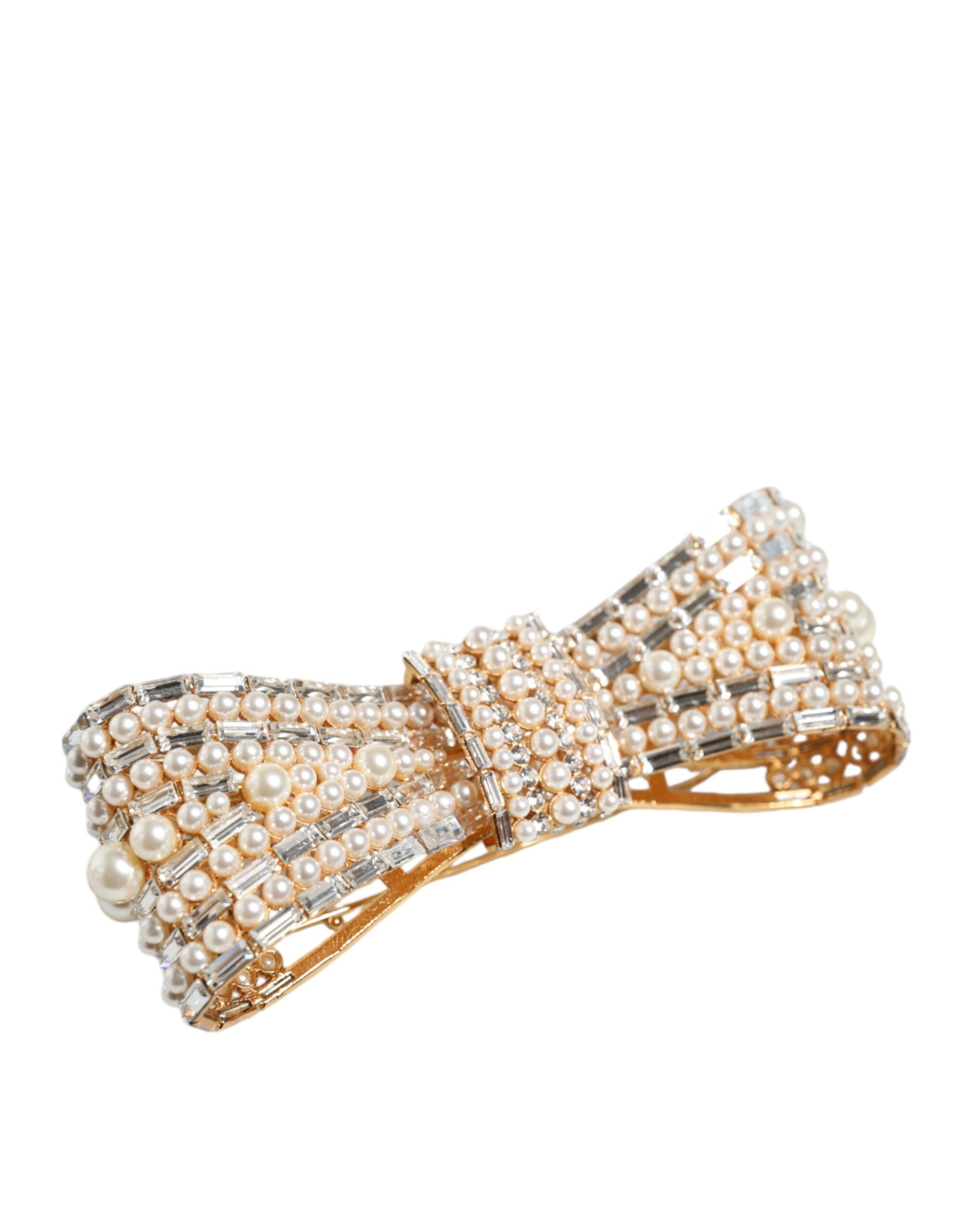 Dolce & Gabbana Gold-Tone Brass Bow Crystal Faux Pearl Embellished Brooch