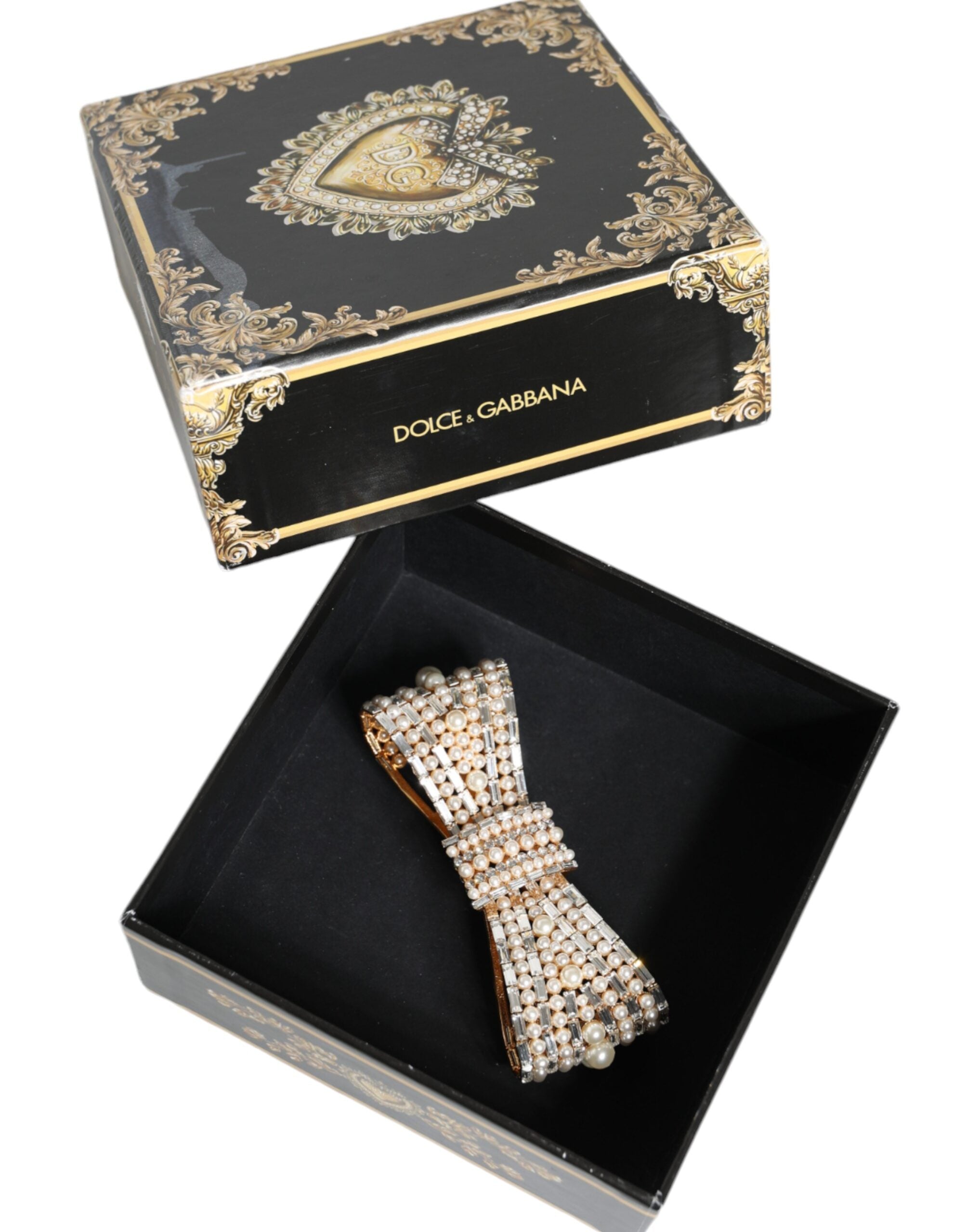 Dolce & Gabbana Gold-Tone Brass Bow Crystal Faux Pearl Embellished Brooch