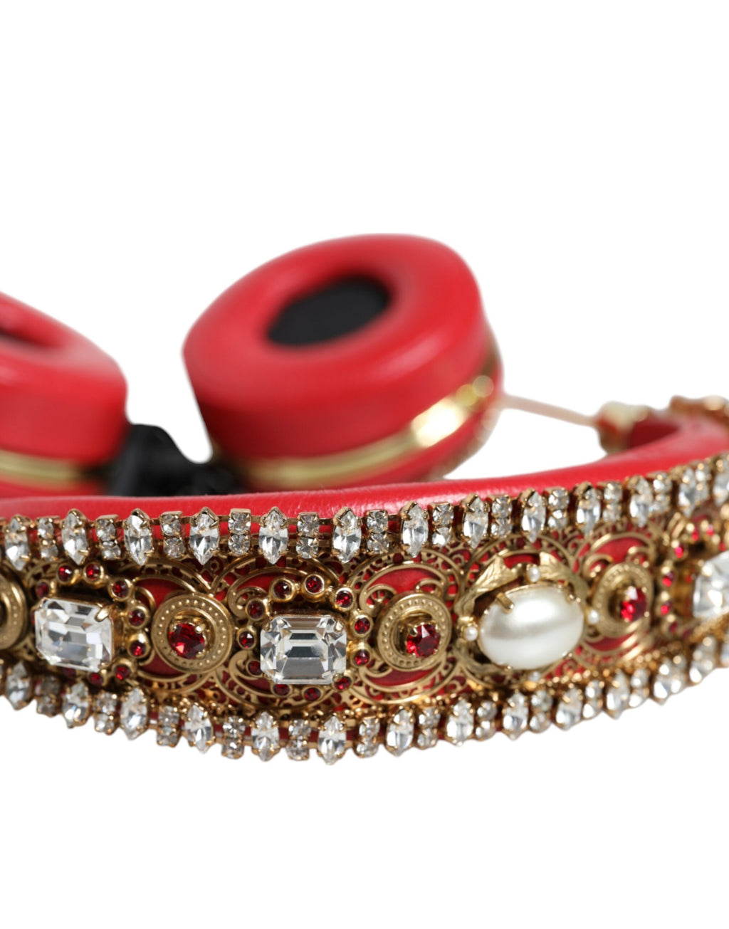 Dolce & Gabbana Red Nappa Leather Floral Crystal Headphones