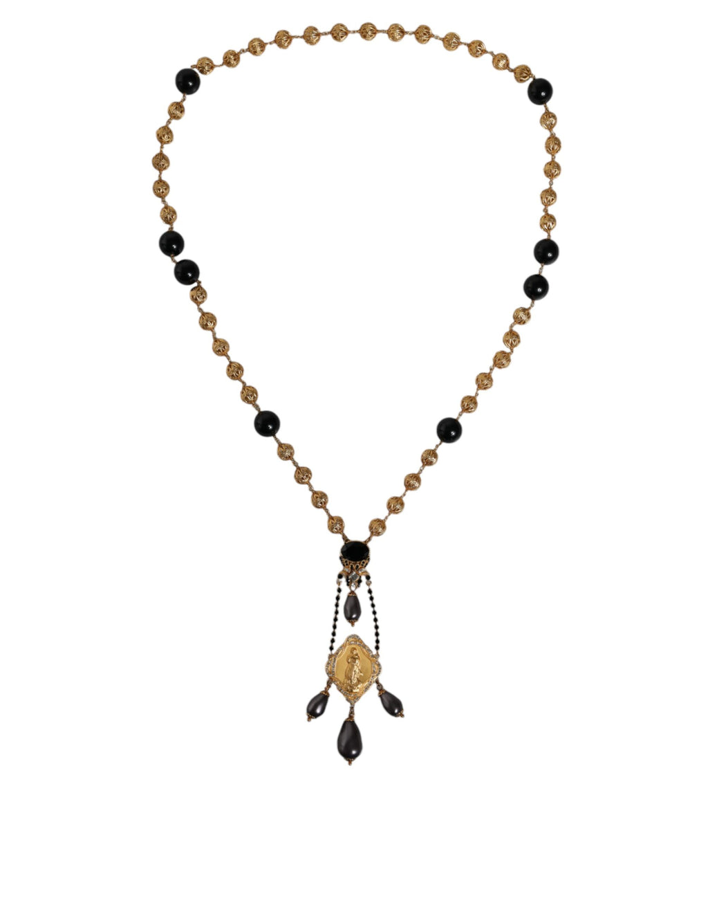 Dolce & Gabbana Goldkette Messing Schwarz Perlen Rosenkranz Stil Halskette