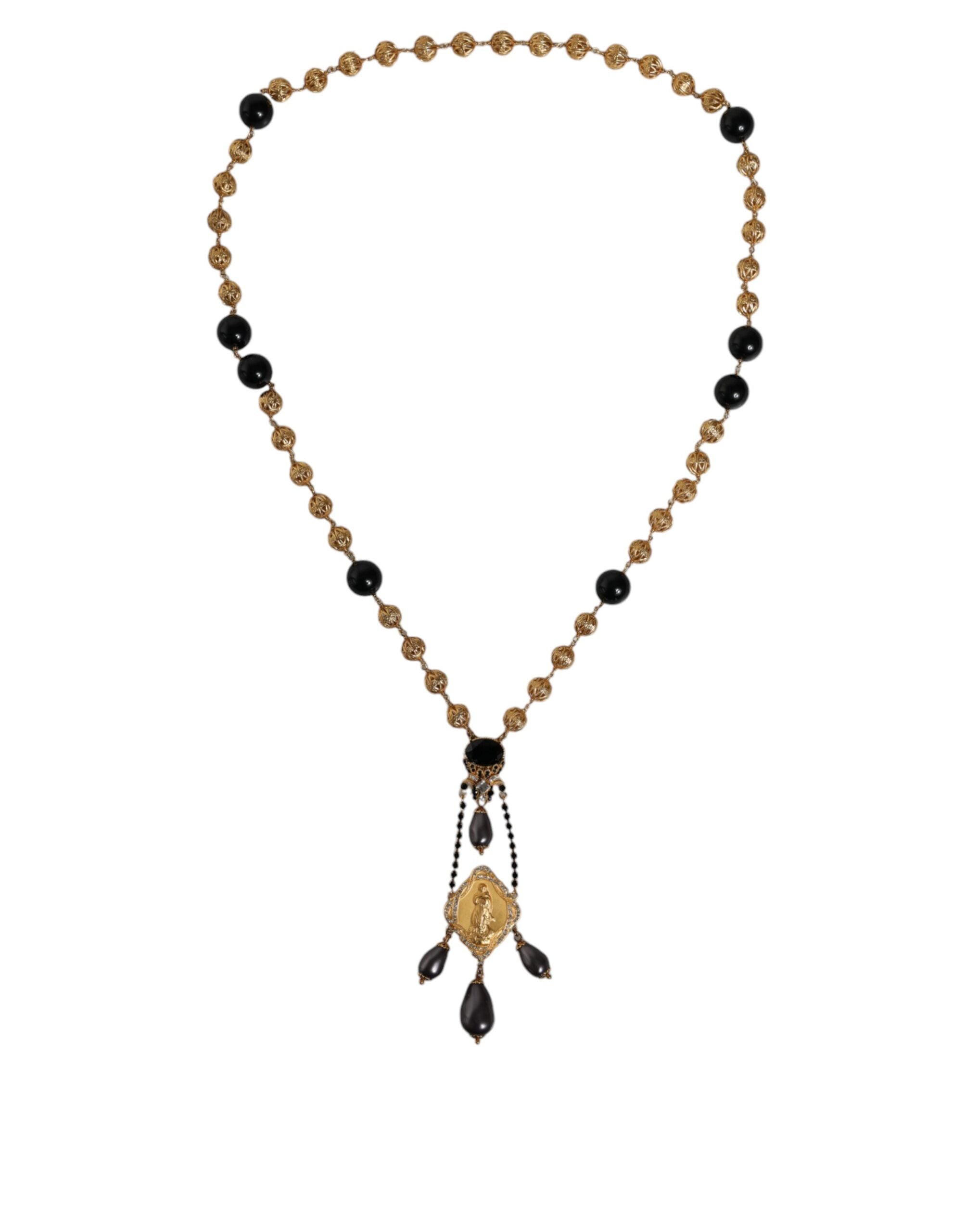 Dolce & Gabbana Goldkette Messing Schwarz Perlen Rosenkranz Stil Halskette