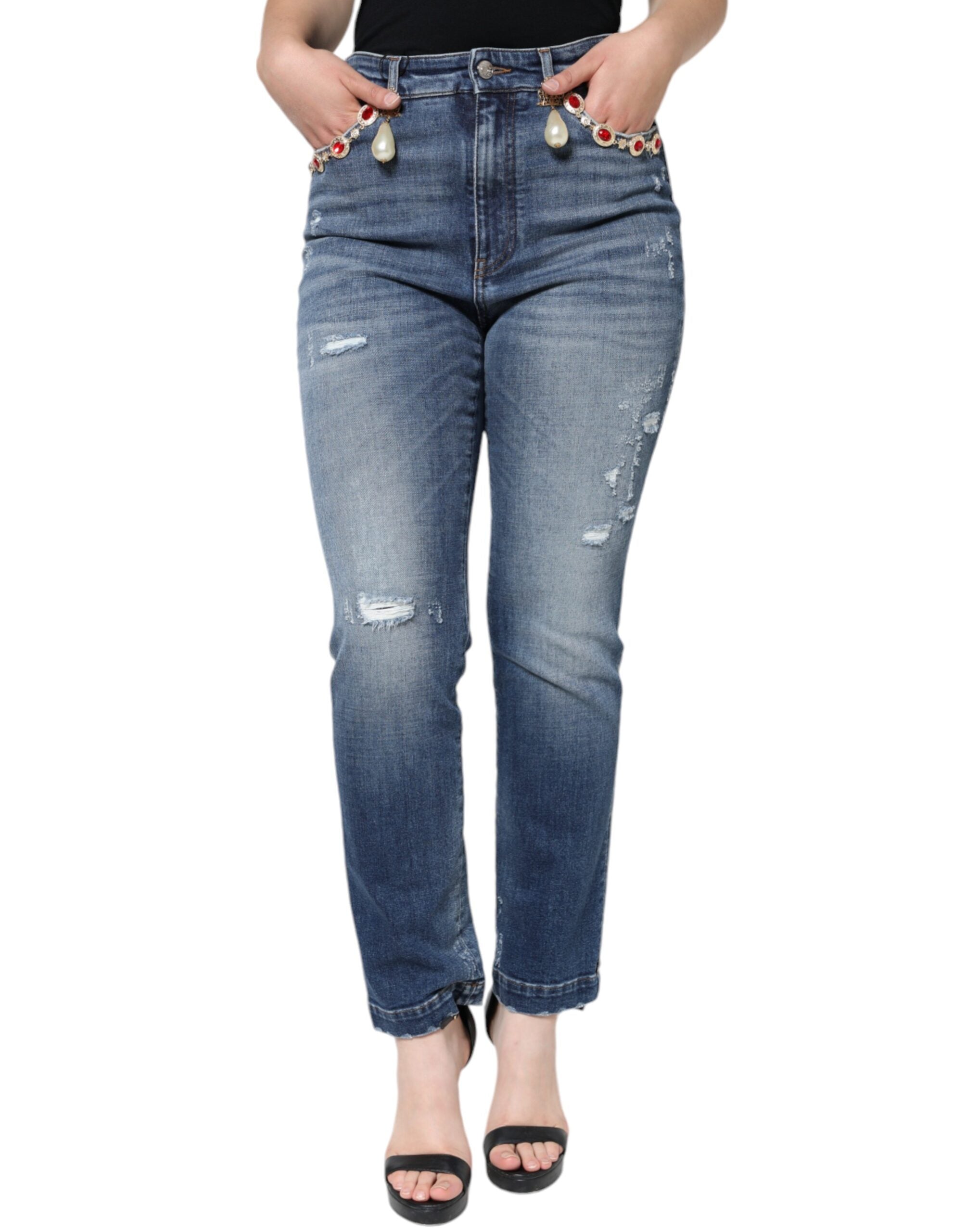 Dolce & Gabbana Dark Blue Distressed Cotton Skinny Denim Jeans