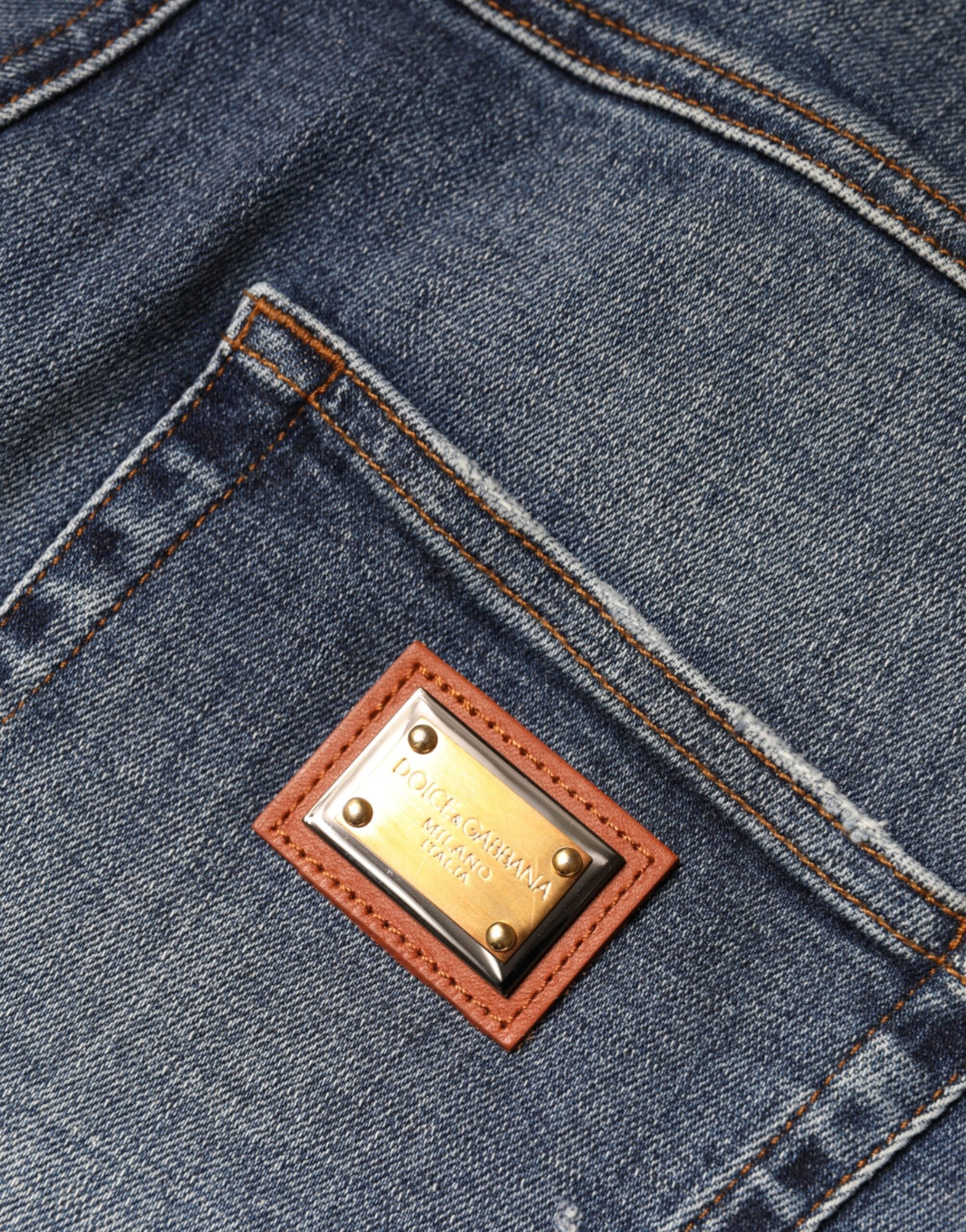 Dolce & Gabbana Dark Blue Distressed Cotton Skinny Denim Jeans
