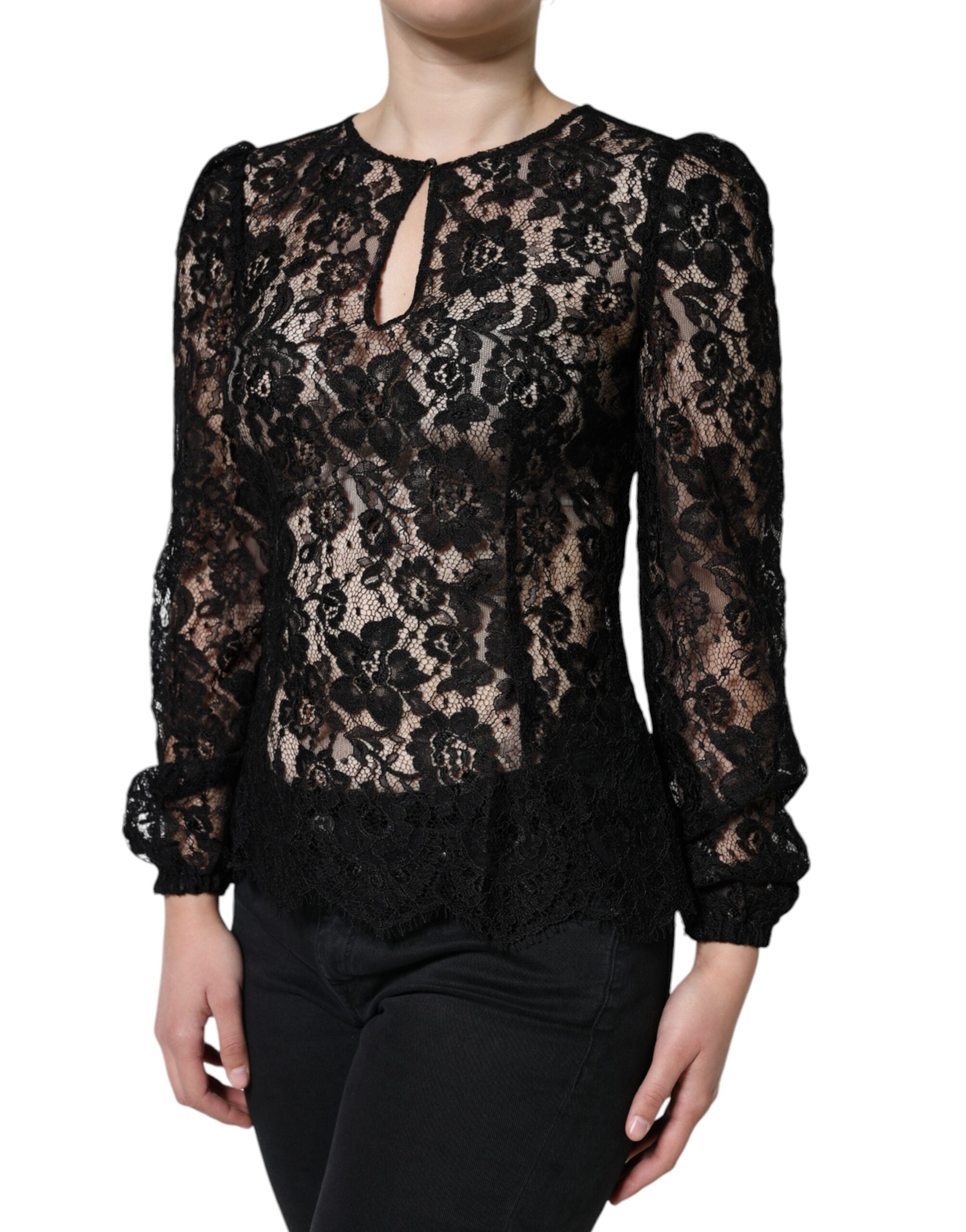 Dolce & Gabbana Black Floral Lace Long-Sleeve See-Through Top