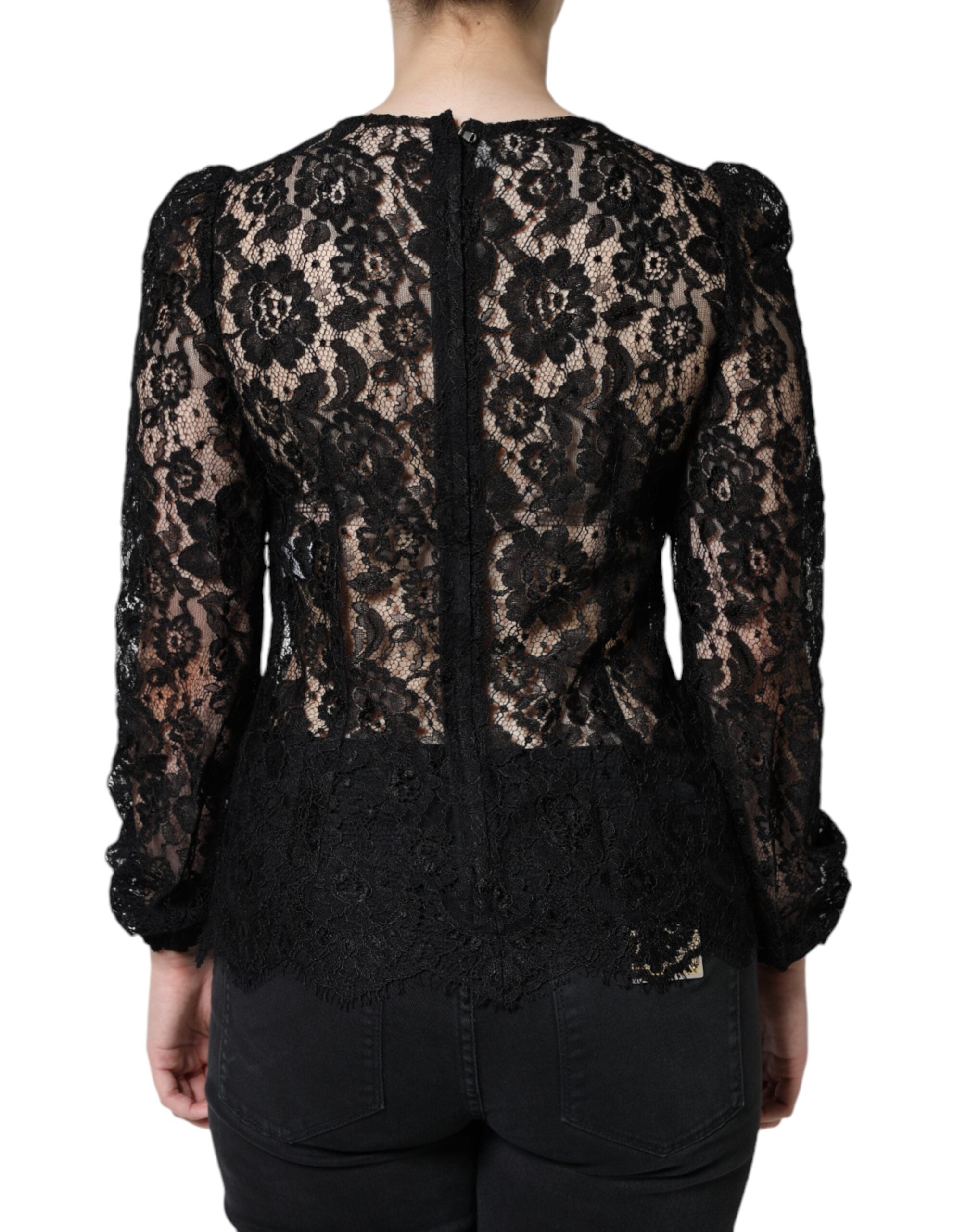 Dolce & Gabbana Black Floral Lace Long-Sleeve See-Through Top