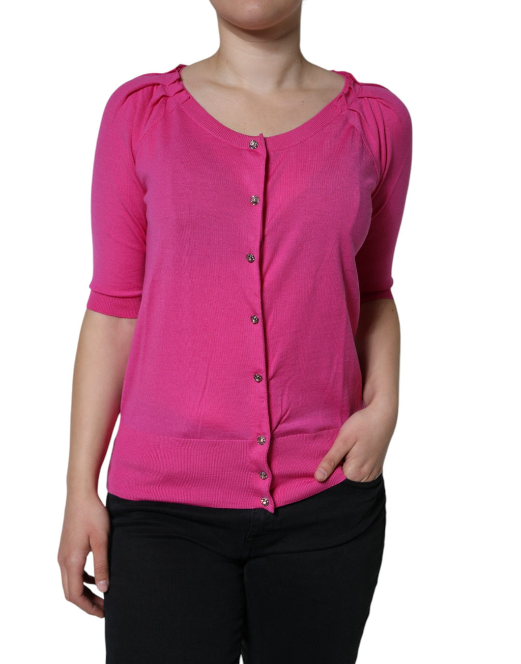 Dolce & Gabbana Pink Wool Short-Sleeved Button-Up Blouse Top