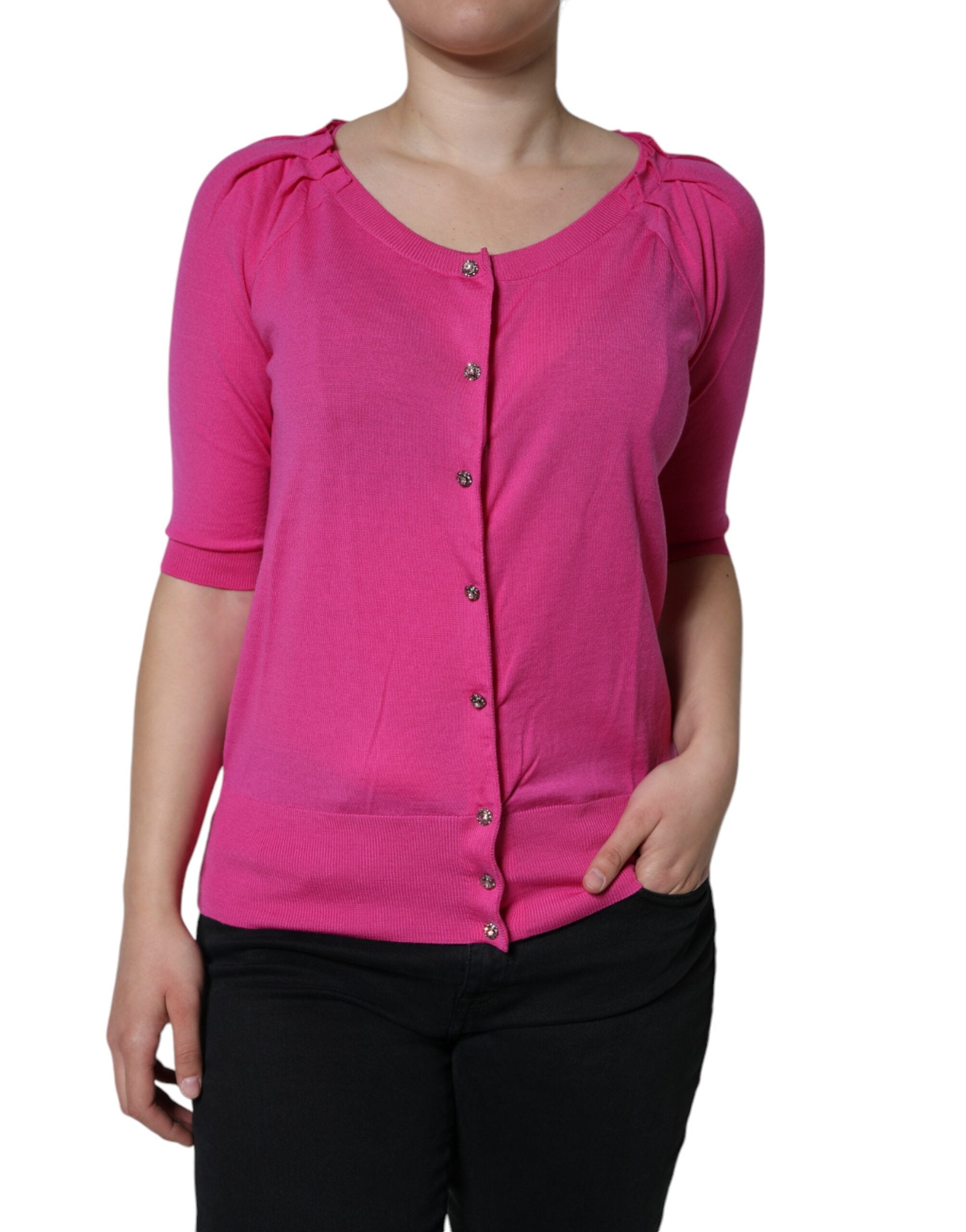 Dolce & Gabbana Pink Wool Short-Sleeved Button-Up Blouse Top
