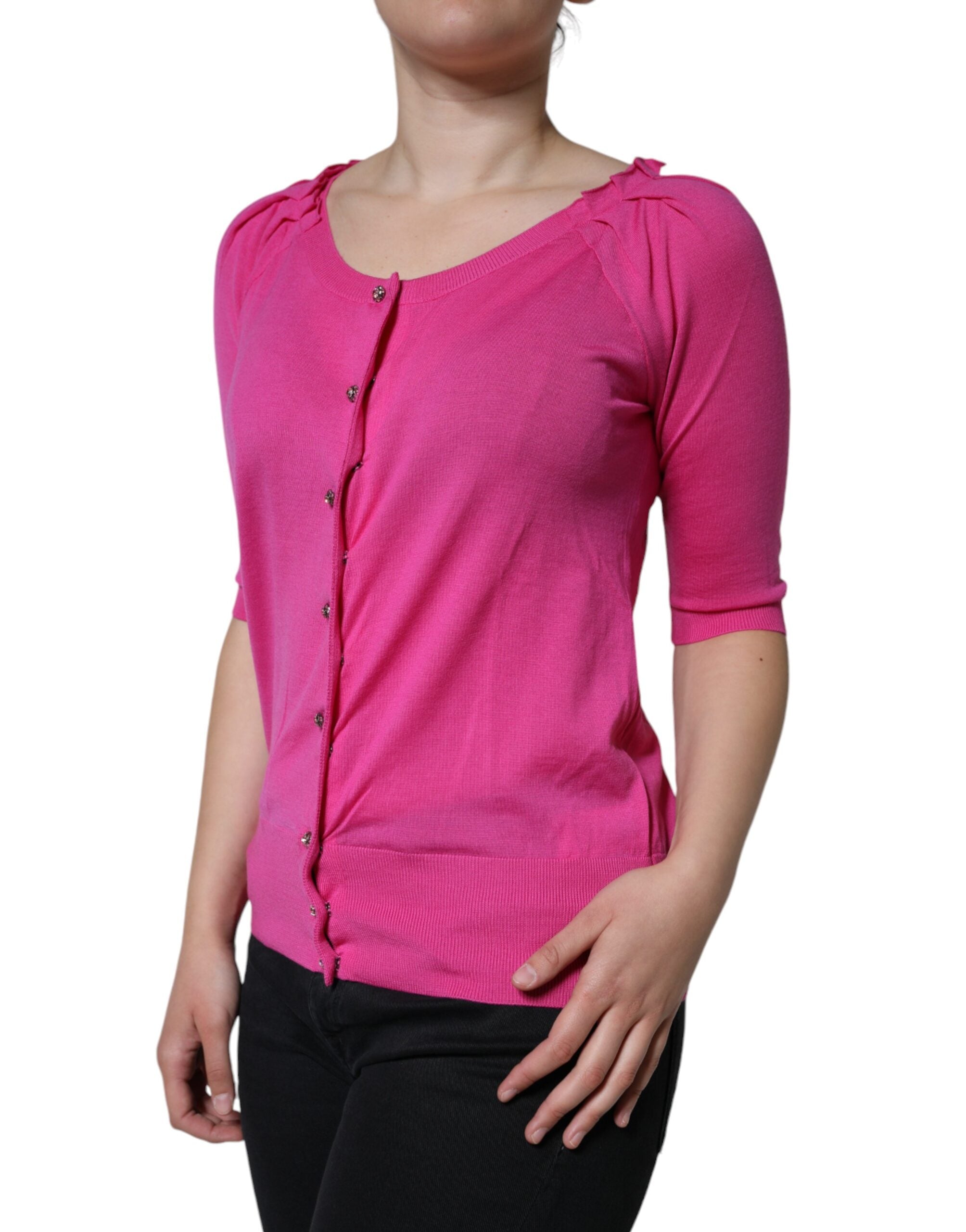 Dolce & Gabbana Pink Wool Short-Sleeved Button-Up Blouse Top