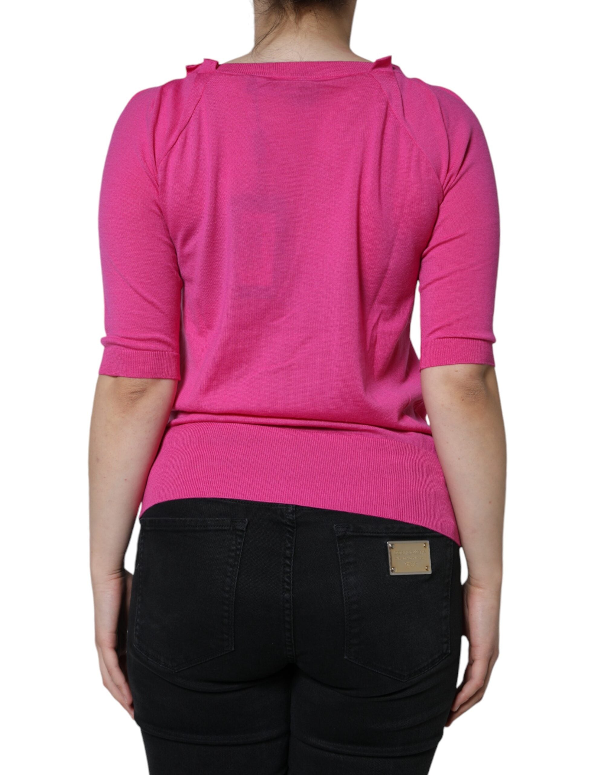 Dolce & Gabbana Pink Wool Short-Sleeved Button-Up Blouse Top