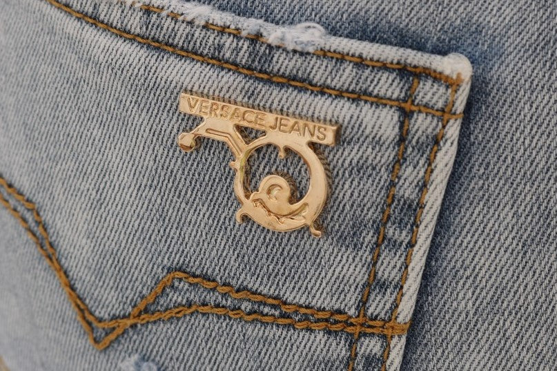 Versace Jeans Blaue Waschung Zerrissene Stretch Slim Fit Jeans