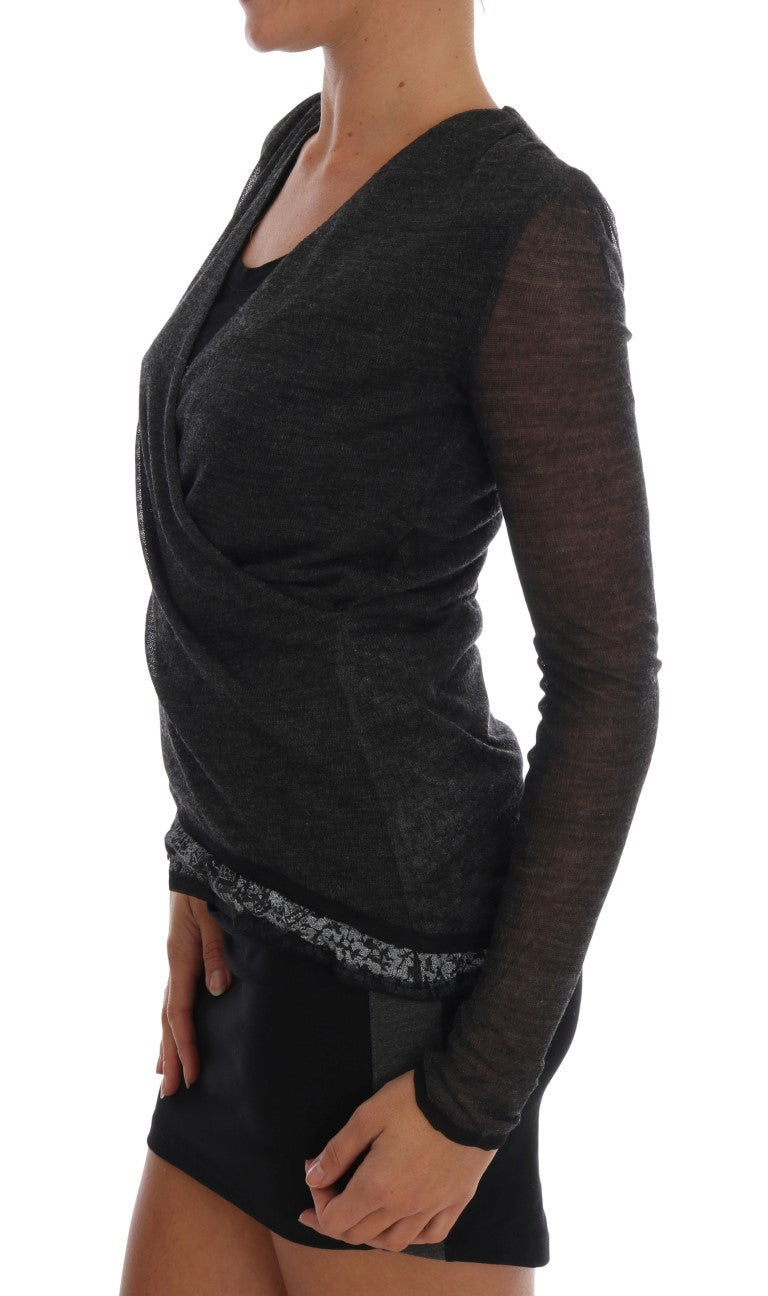 Ermanno Scervino Gray Wool Lace Top Long-Sleeve T-Shirt