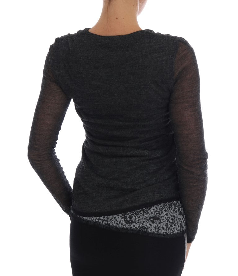 Ermanno Scervino Gray Wool Lace Top Long-Sleeve T-Shirt