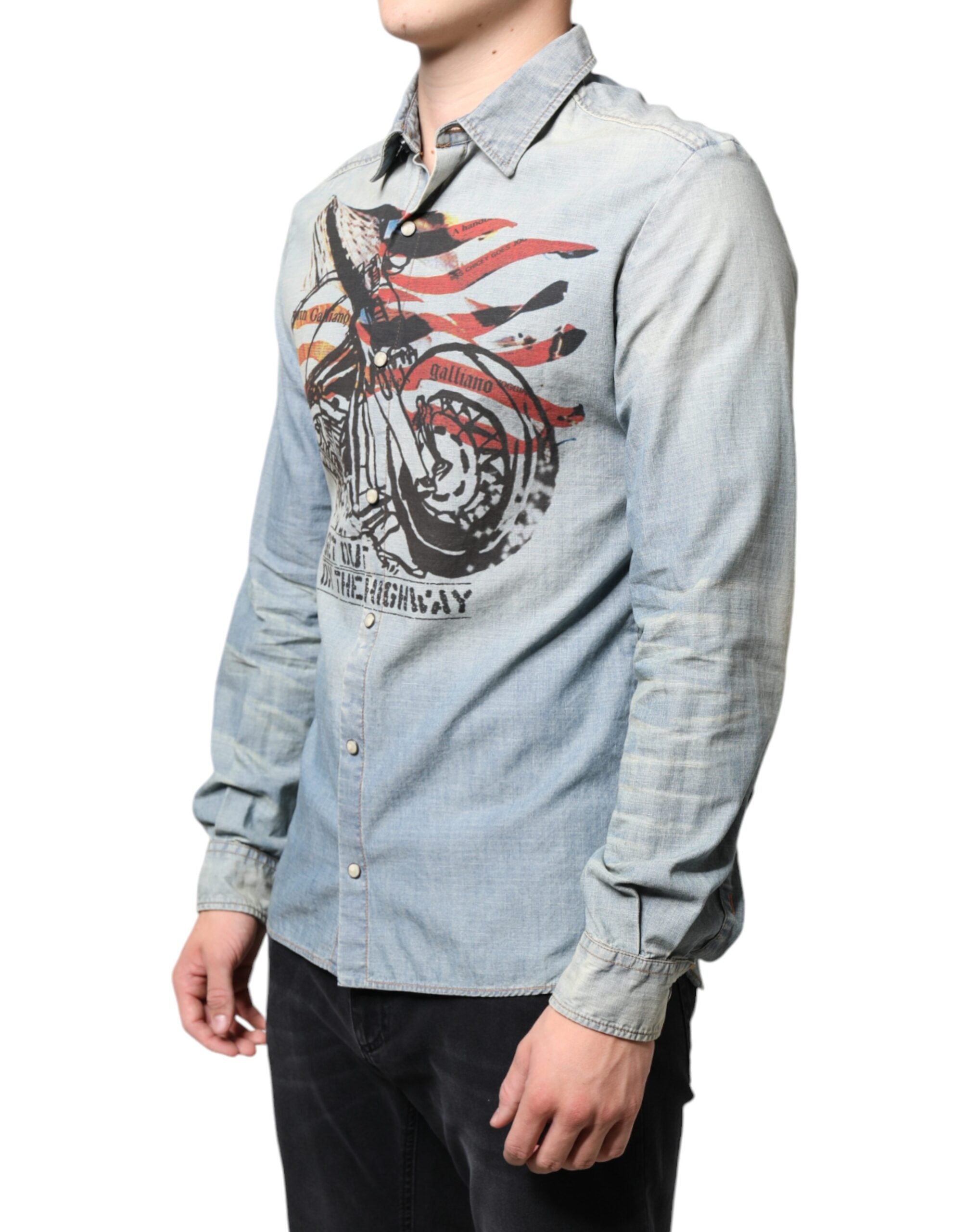 John Galliano Hellblaues bedrucktes Baumwoll-Denim-Hemd mit langen Ärmeln
