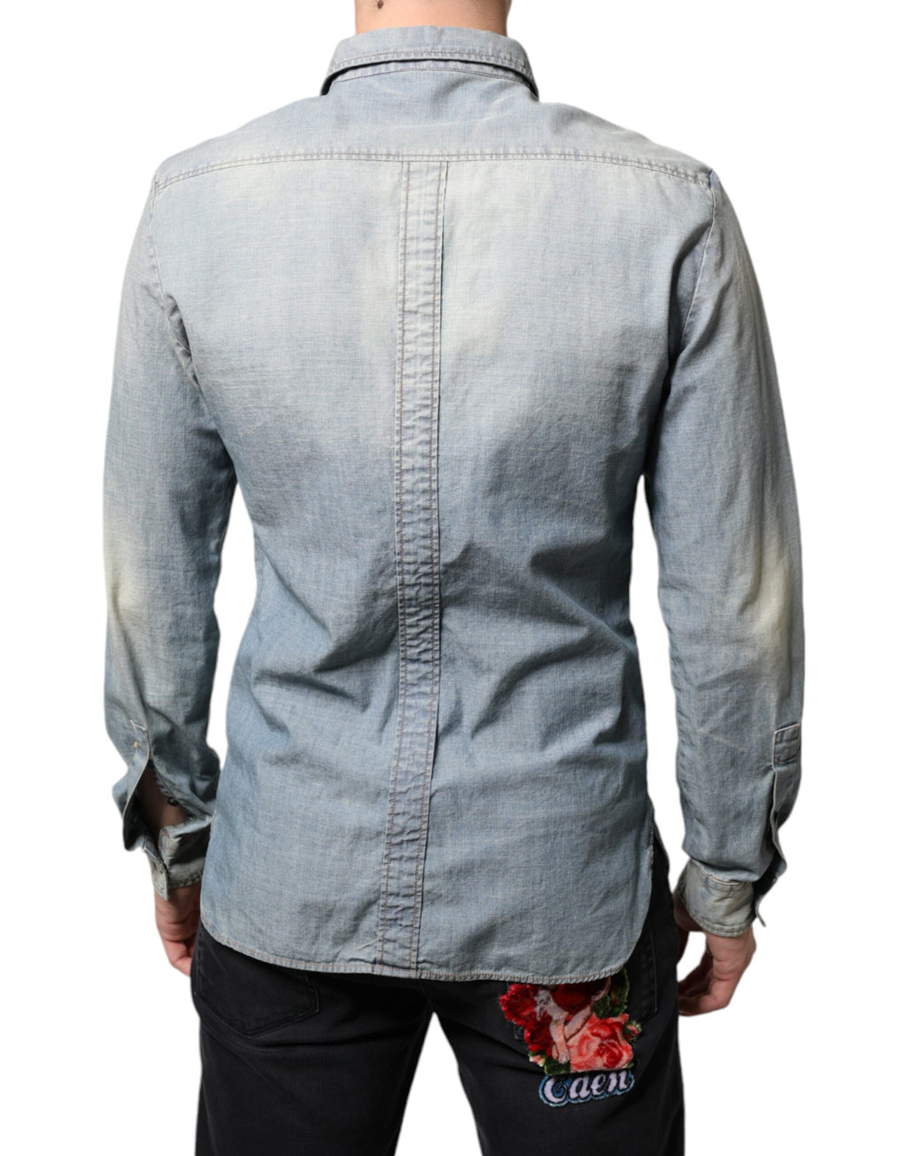 John Galliano Hellblaues bedrucktes Baumwoll-Denim-Hemd mit langen Ärmeln