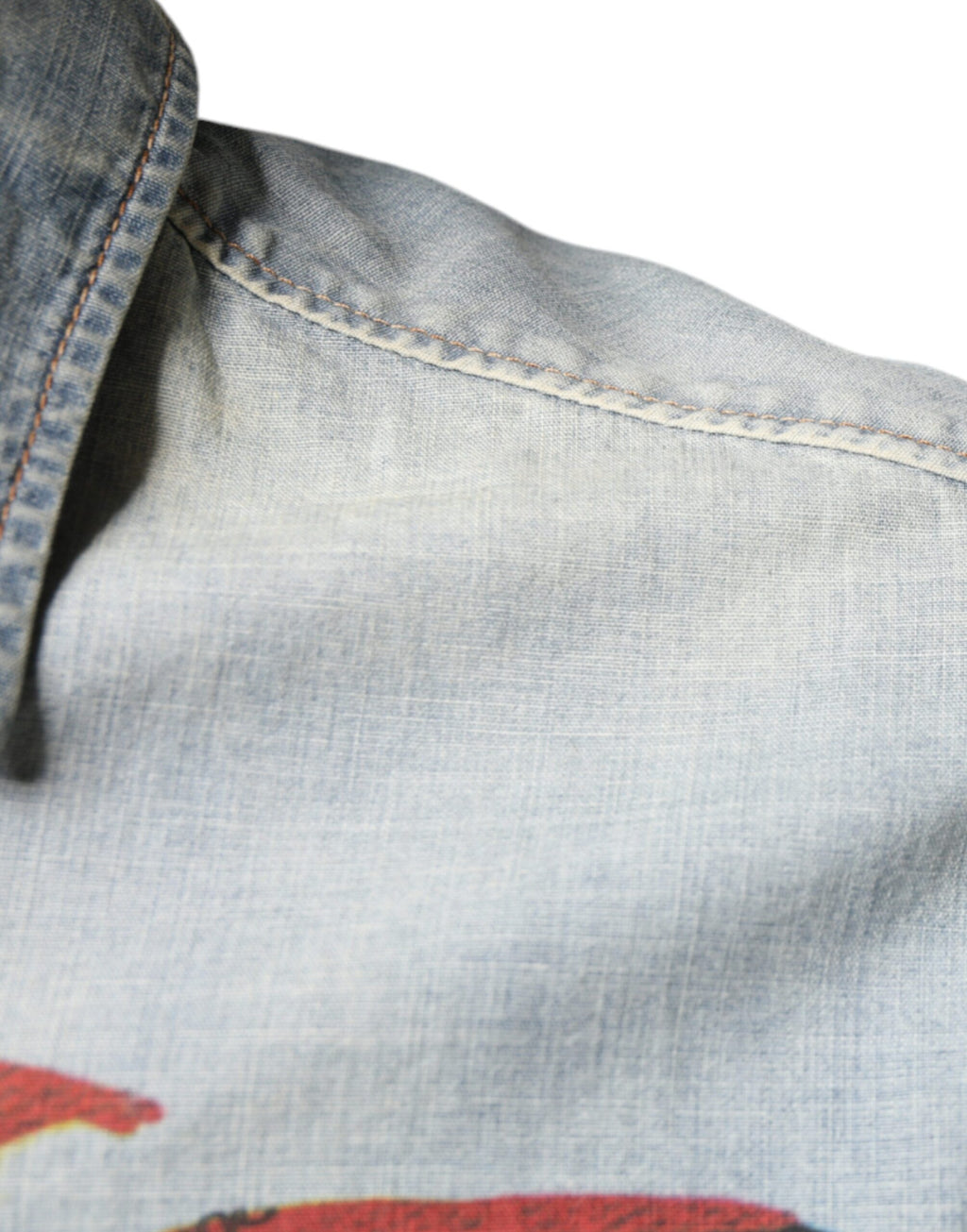 John Galliano Hellblaues bedrucktes Baumwoll-Denim-Hemd mit langen Ärmeln