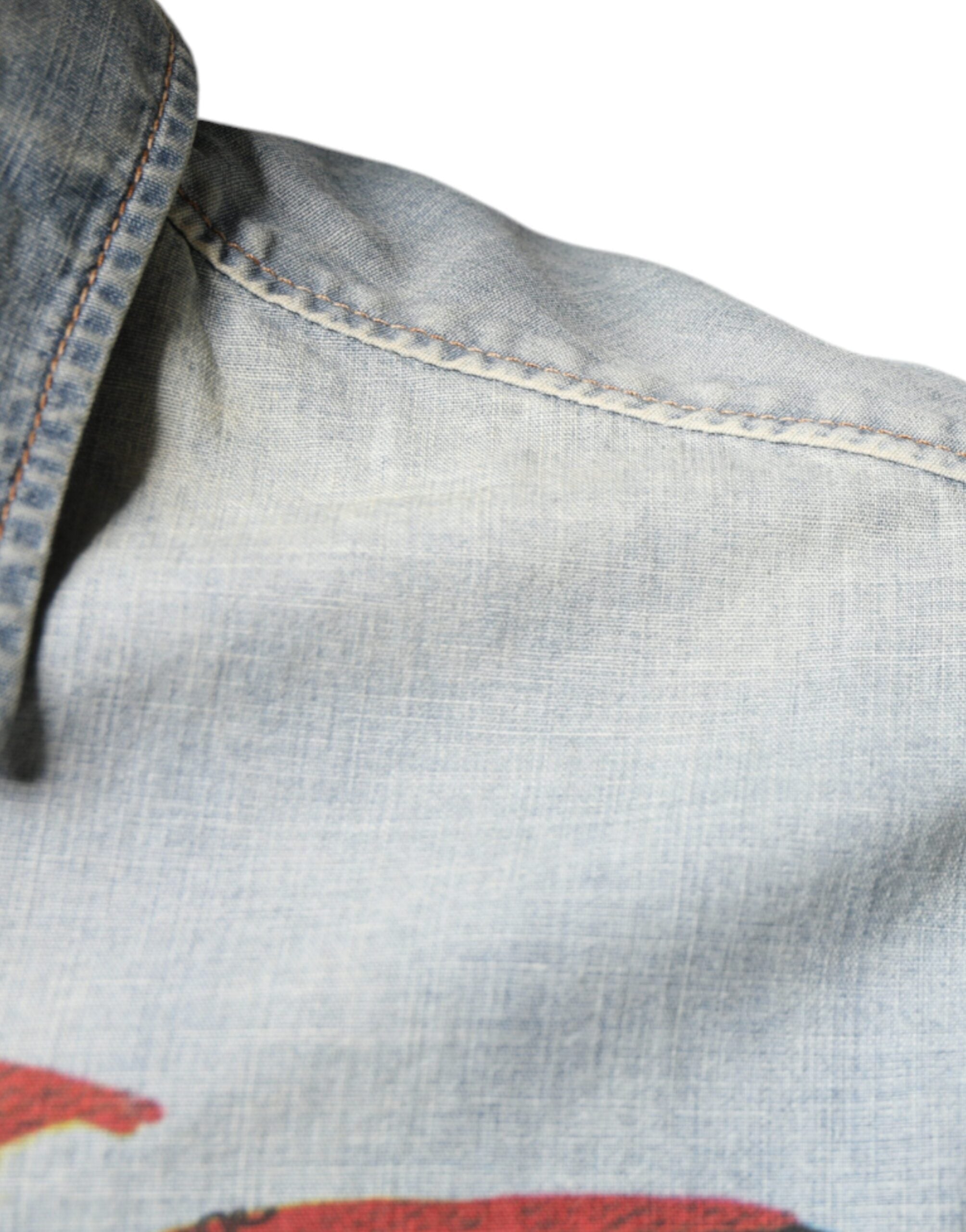 John Galliano Hellblaues bedrucktes Baumwoll-Denim-Hemd mit langen Ärmeln