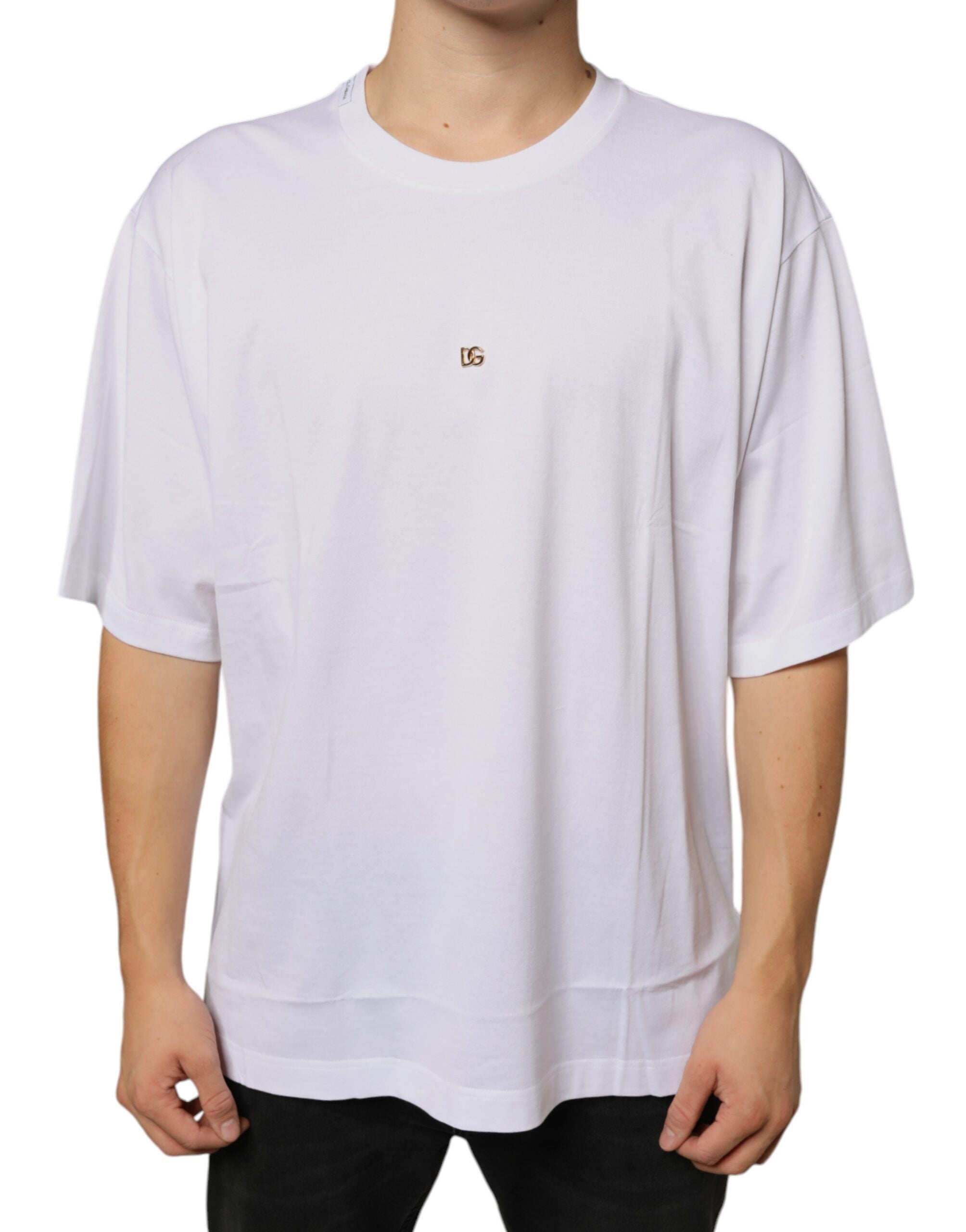 Dolce & Gabbana White Metal DG Logo Cotton Short-Sleeve T-Shirt