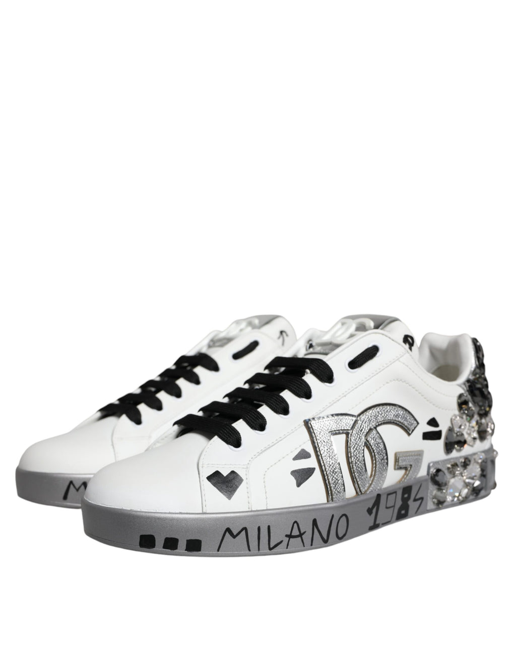 Dolce & Gabbana Weiß Silber Kristall Logo Portofino Turnschuhe Schuhe