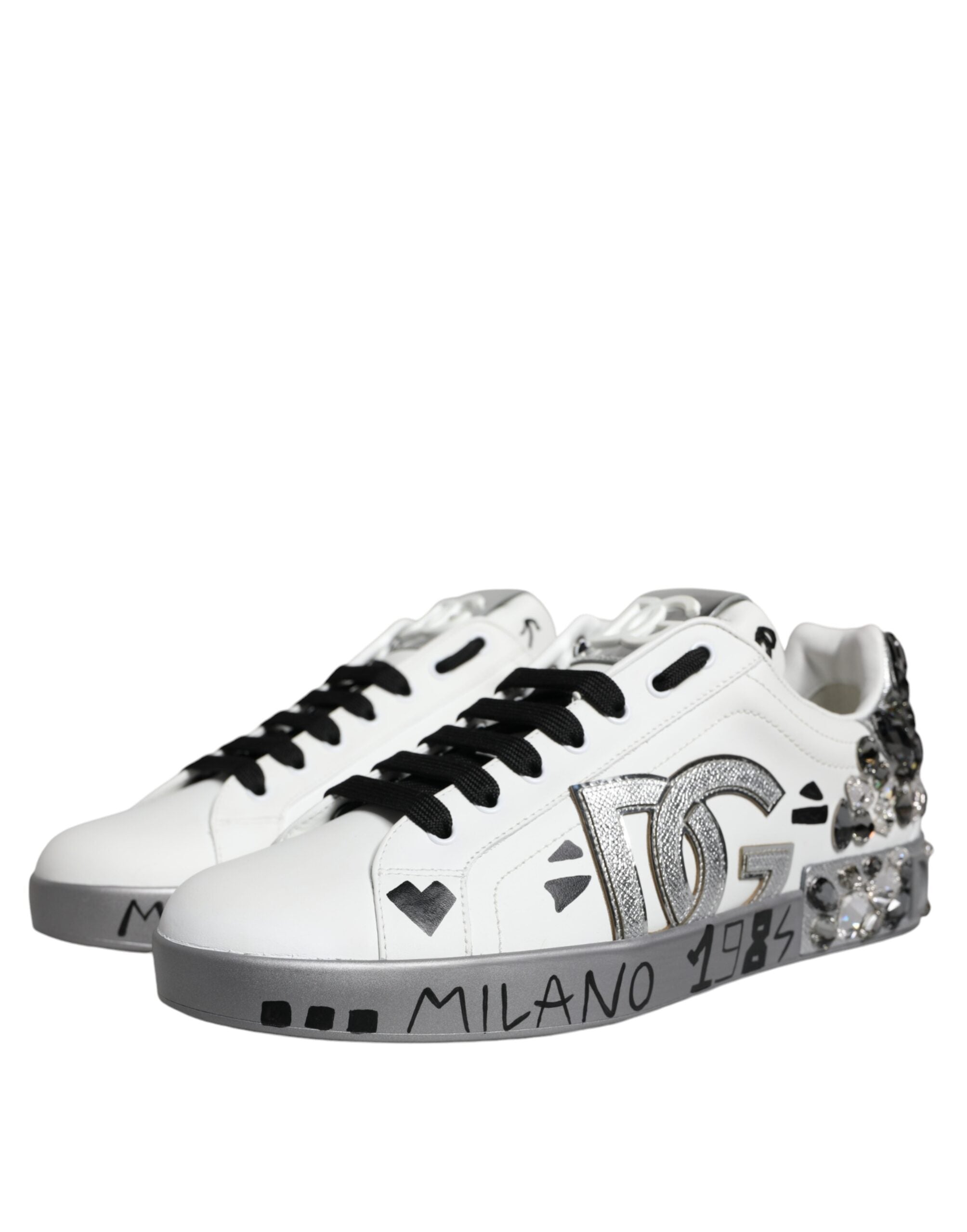 Dolce & Gabbana Weiß Silber Kristall Logo Portofino Turnschuhe Schuhe