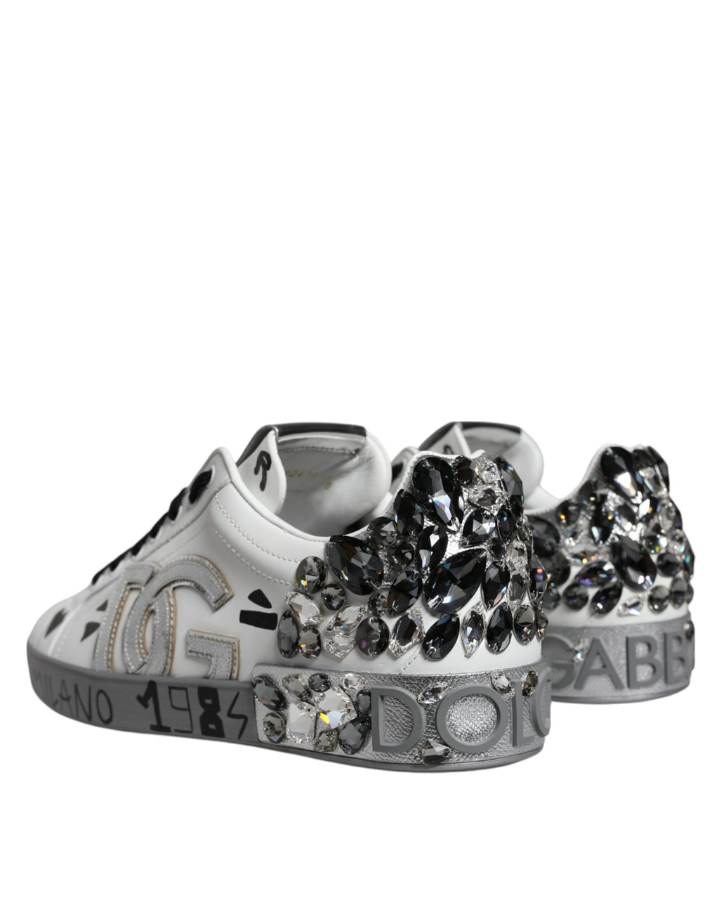 Dolce & Gabbana Weiß Silber Kristall Logo Portofino Turnschuhe Schuhe
