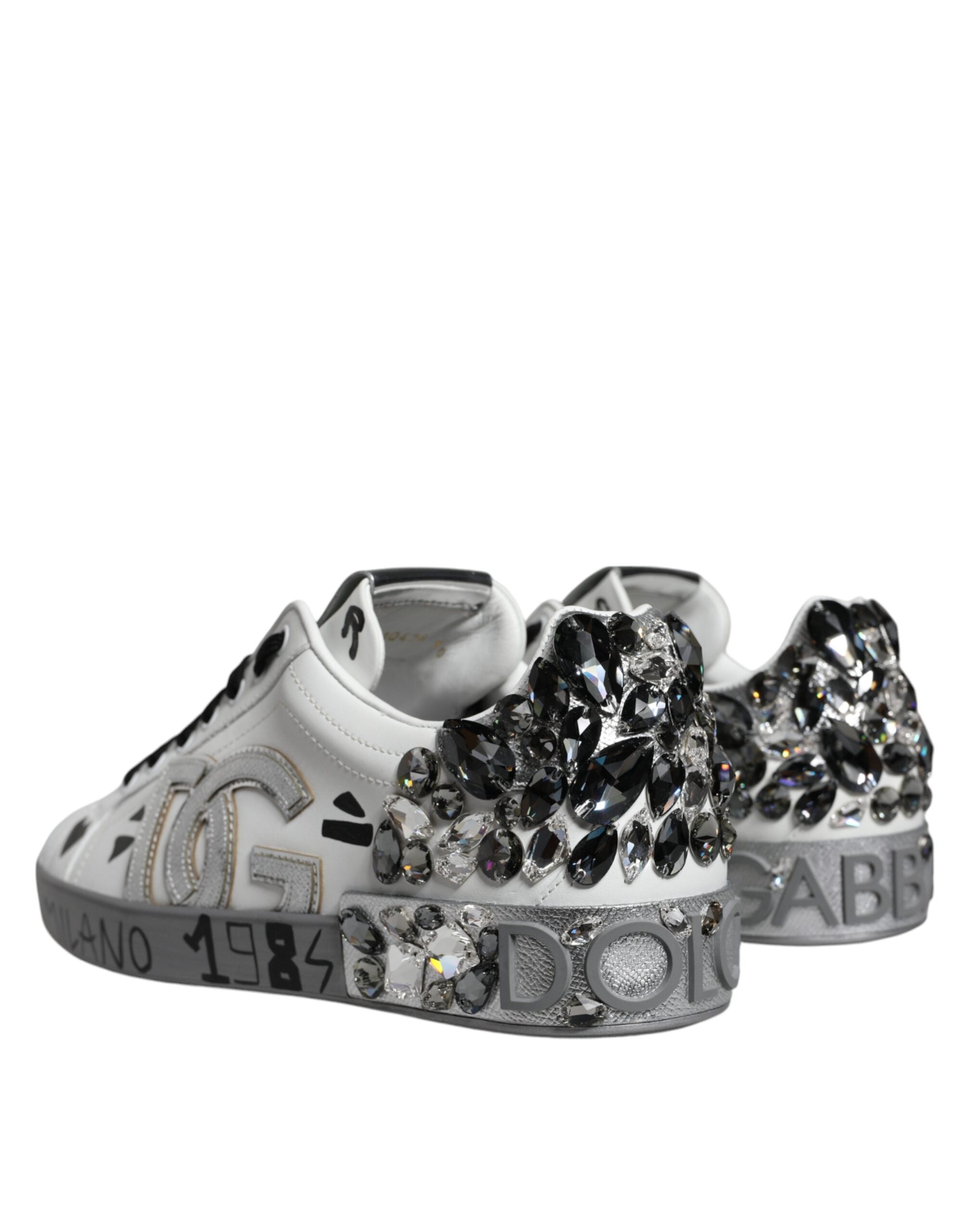 Dolce & Gabbana Weiß Silber Kristall Logo Portofino Turnschuhe Schuhe