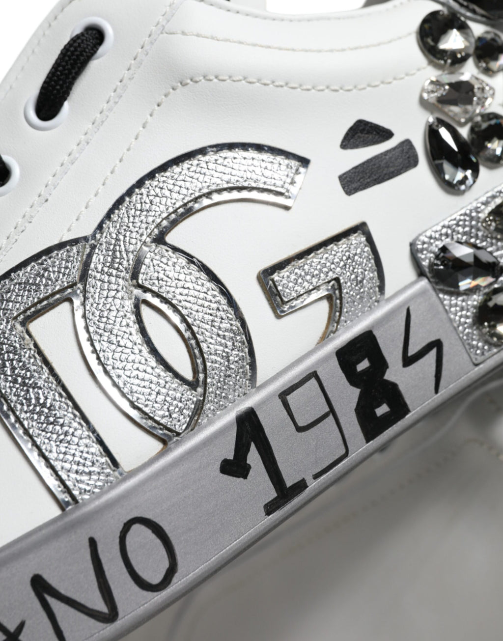 Dolce & Gabbana Weiß Silber Kristall Logo Portofino Turnschuhe Schuhe