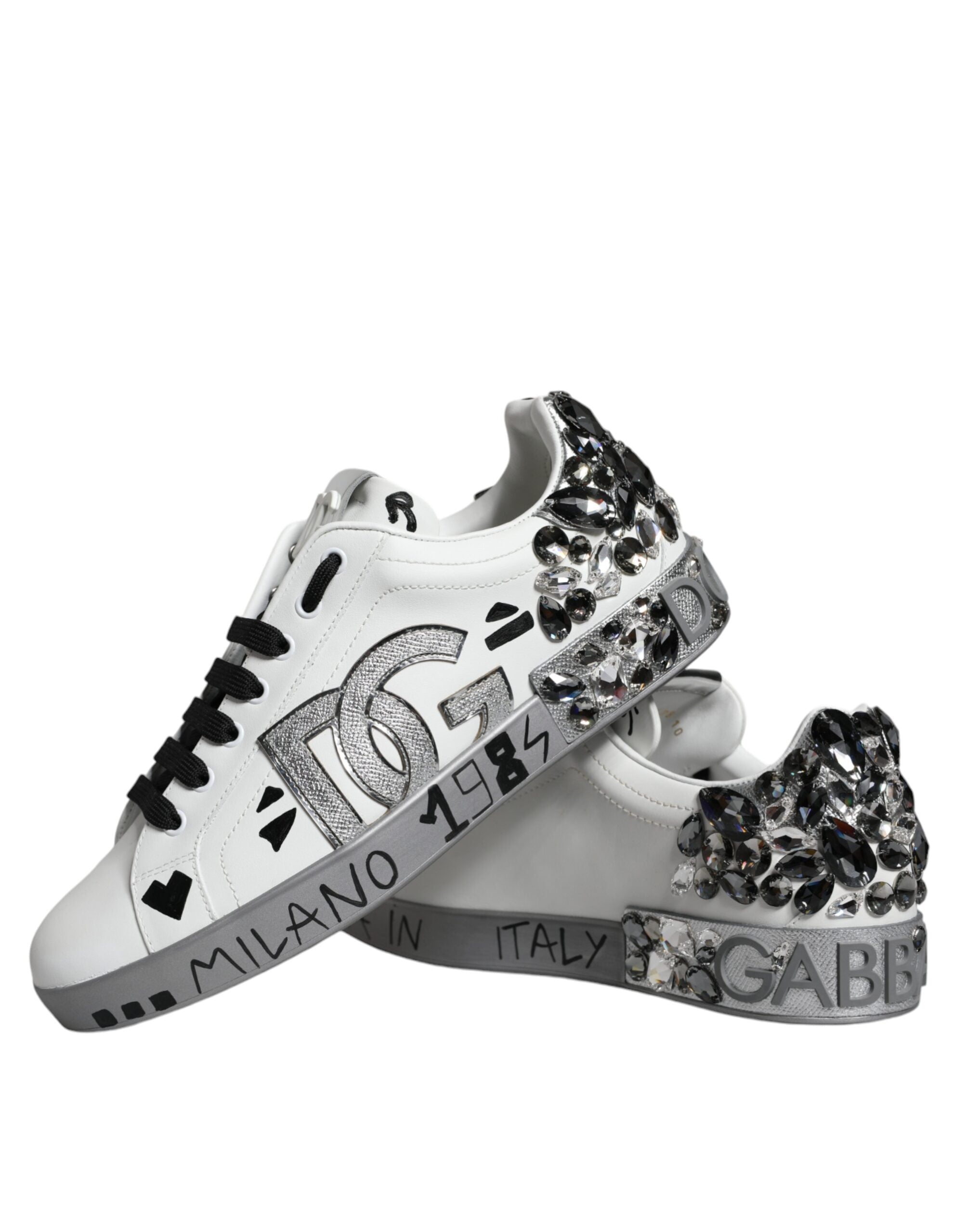 Dolce & Gabbana Weiß Silber Kristall Logo Portofino Turnschuhe Schuhe