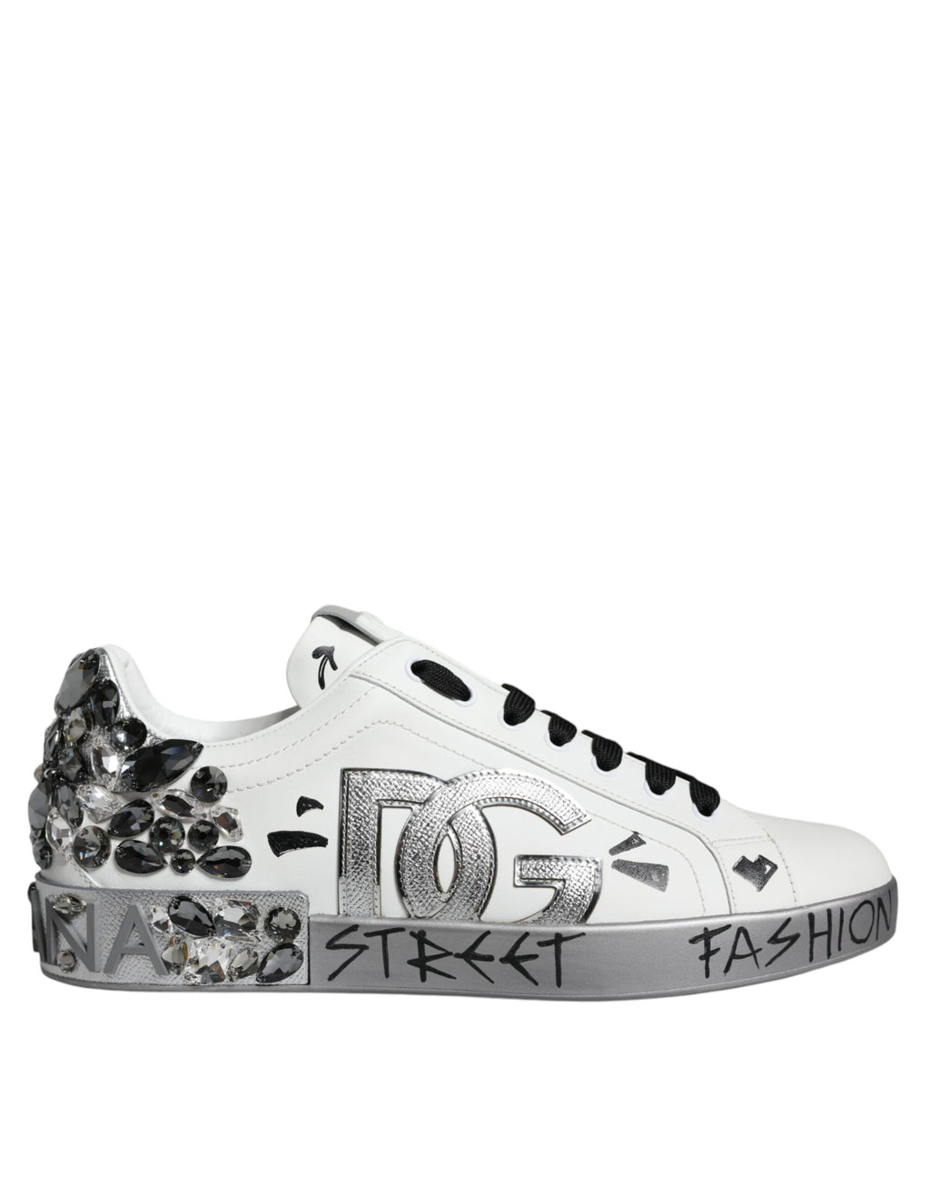 Dolce & Gabbana Weiß Silber Kristall Logo Portofino Turnschuhe Schuhe