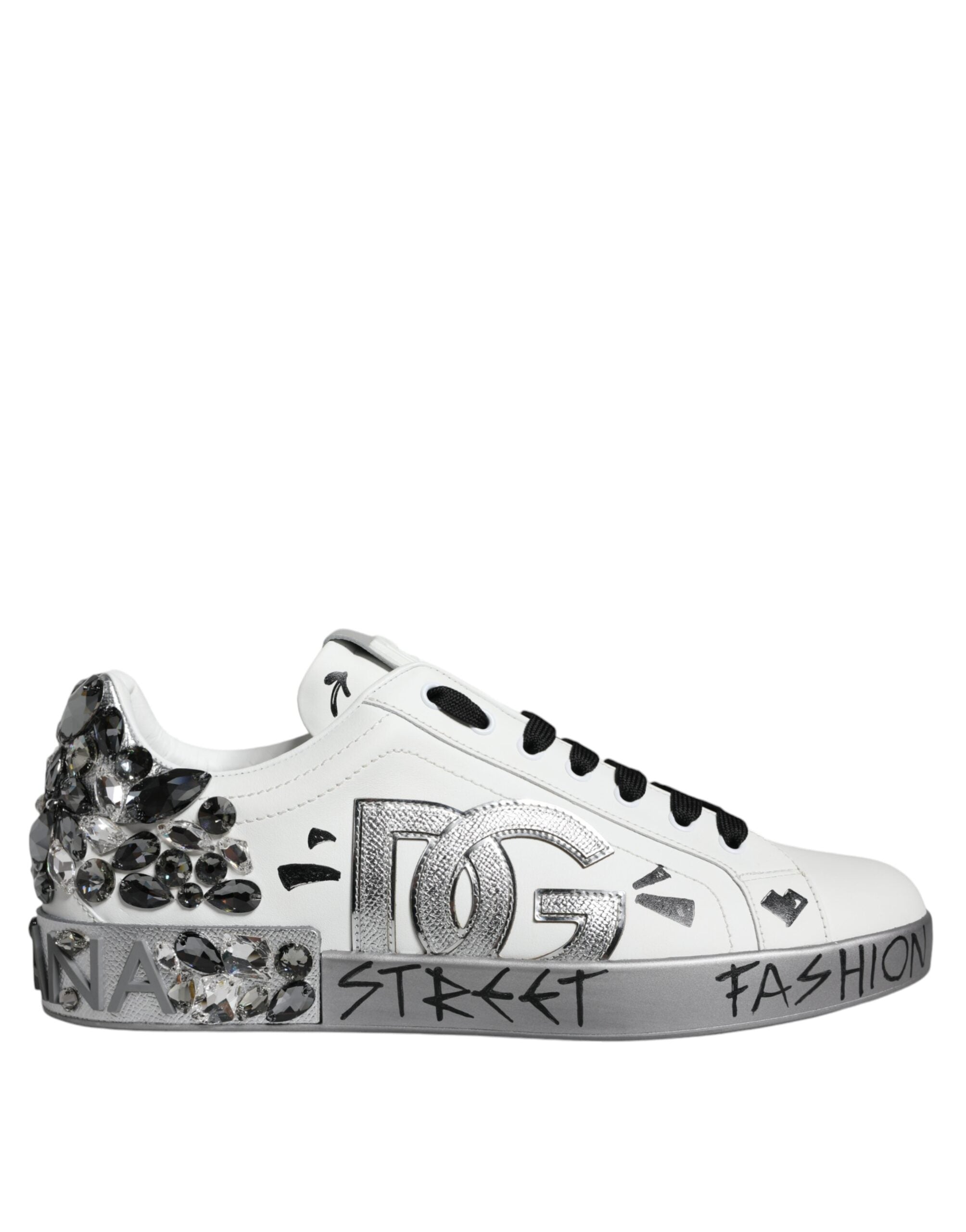 Dolce & Gabbana Weiß Silber Kristall Logo Portofino Turnschuhe Schuhe