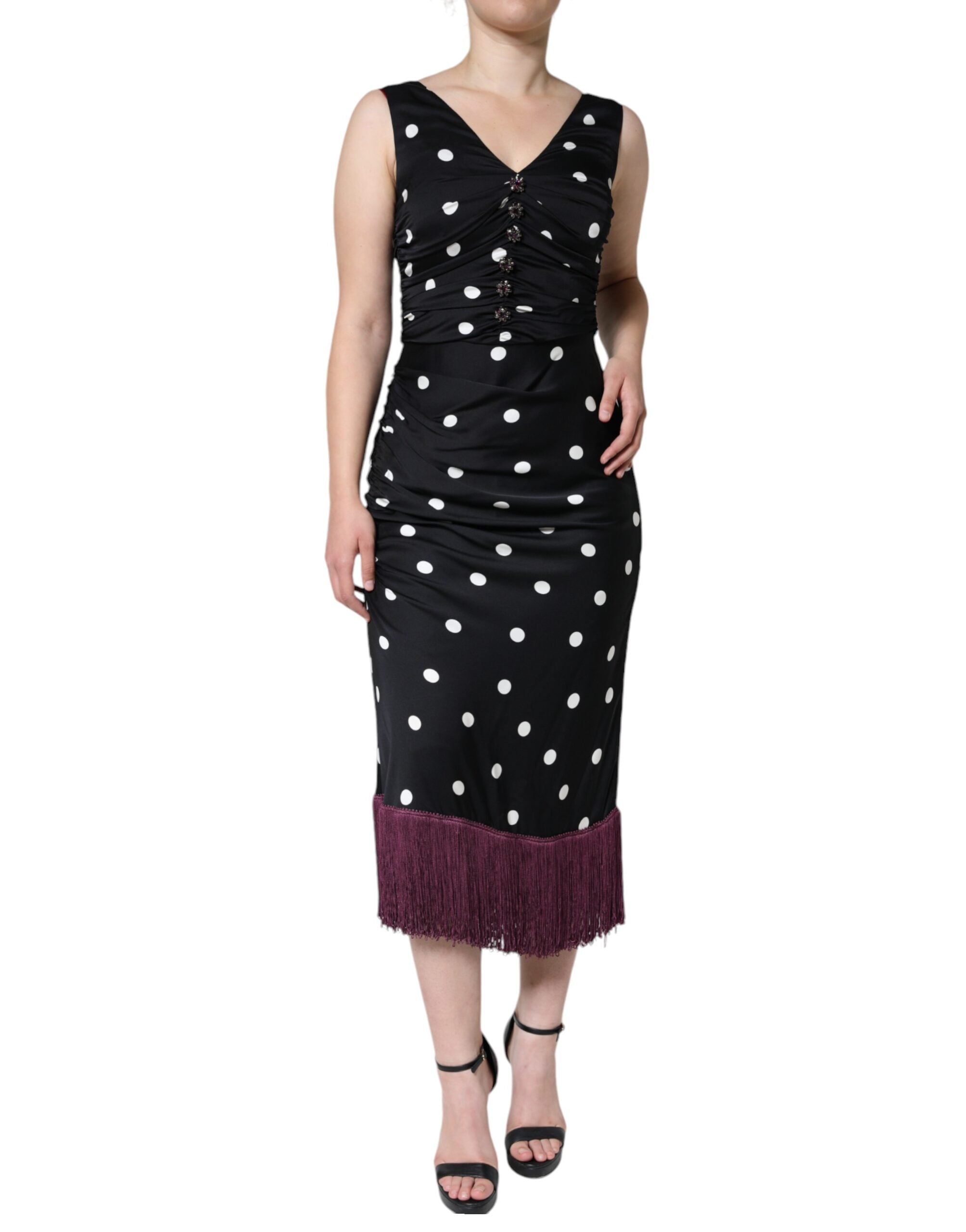 Dolce & Gabbana Schwarzes gepunktetes Midikleid aus Seide mit V-Ausschnitt und Quasten
