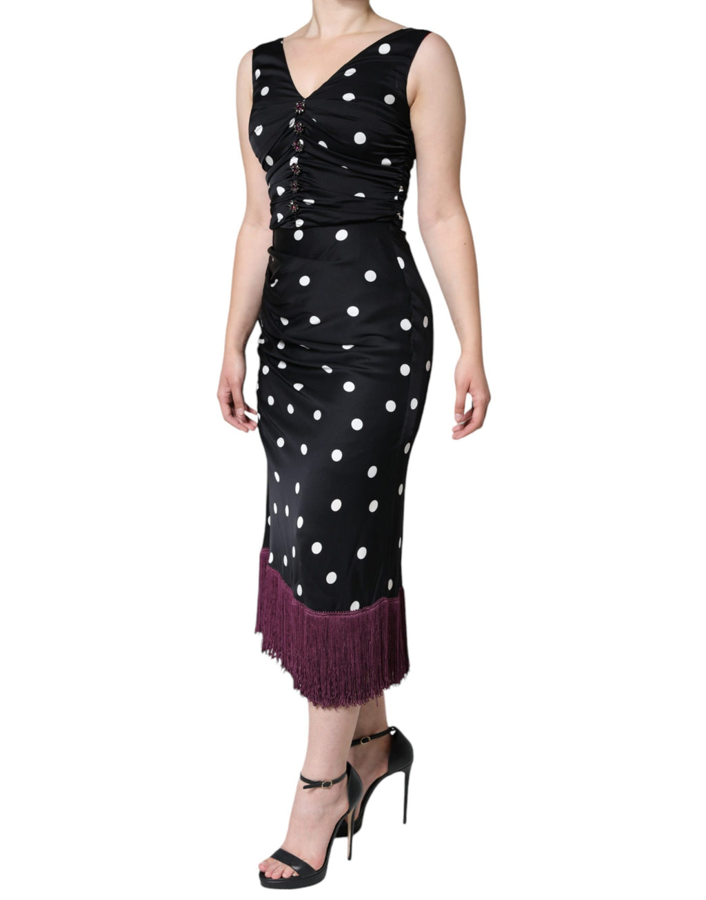 Dolce & Gabbana Black Polka Dot Silk V-Neck Tasseled Midi Dress