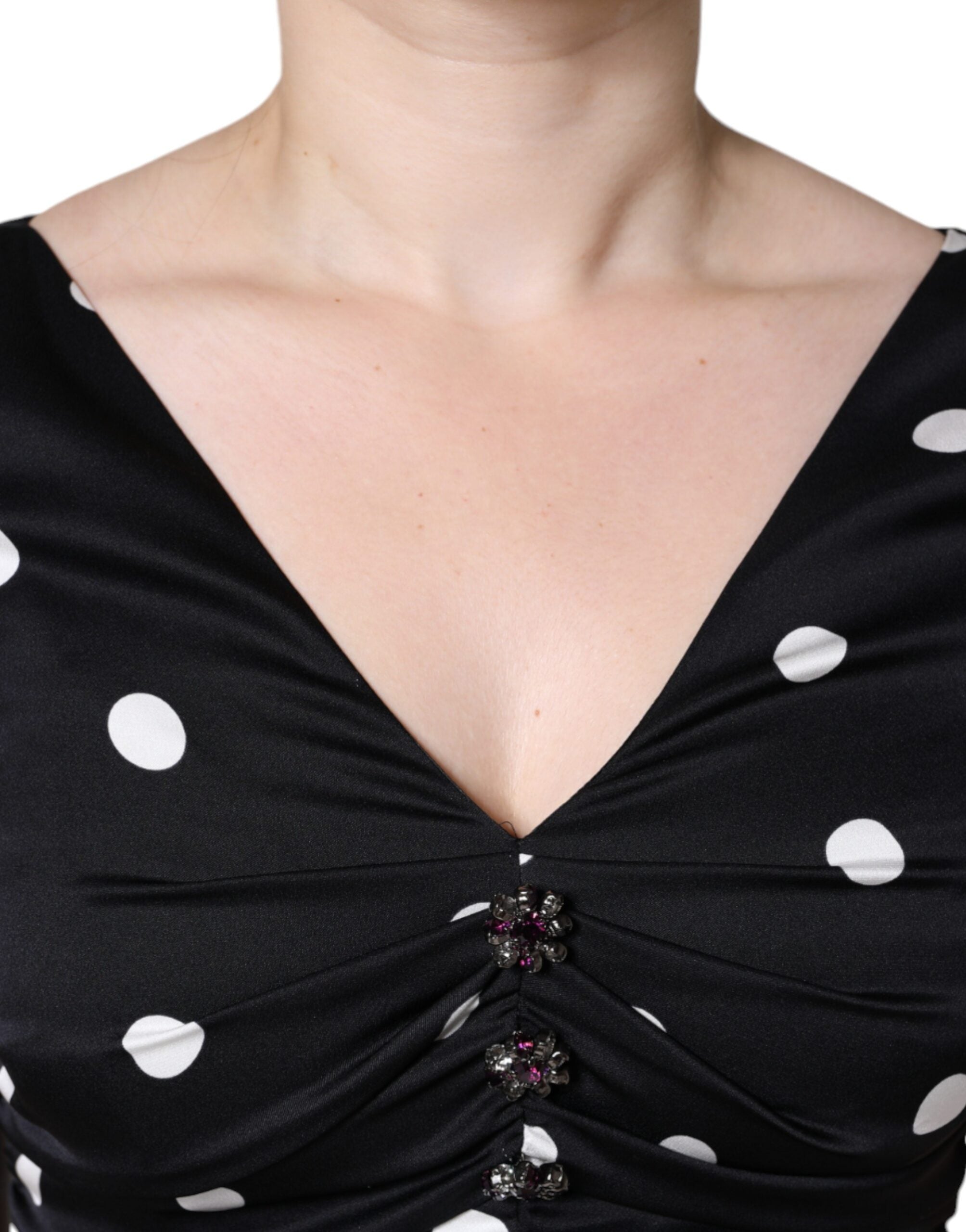 Dolce & Gabbana Black Polka Dot Silk V-Neck Tasseled Midi Dress