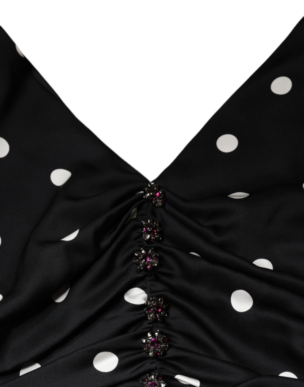 Dolce & Gabbana Schwarzes gepunktetes Midikleid aus Seide mit V-Ausschnitt und Quasten