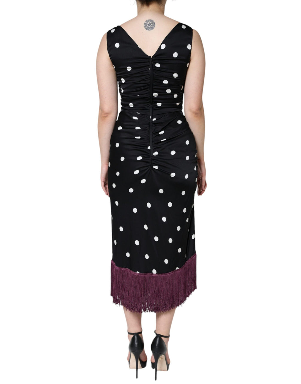 Dolce & Gabbana Black Polka Dot Silk V-Neck Tasseled Midi Dress