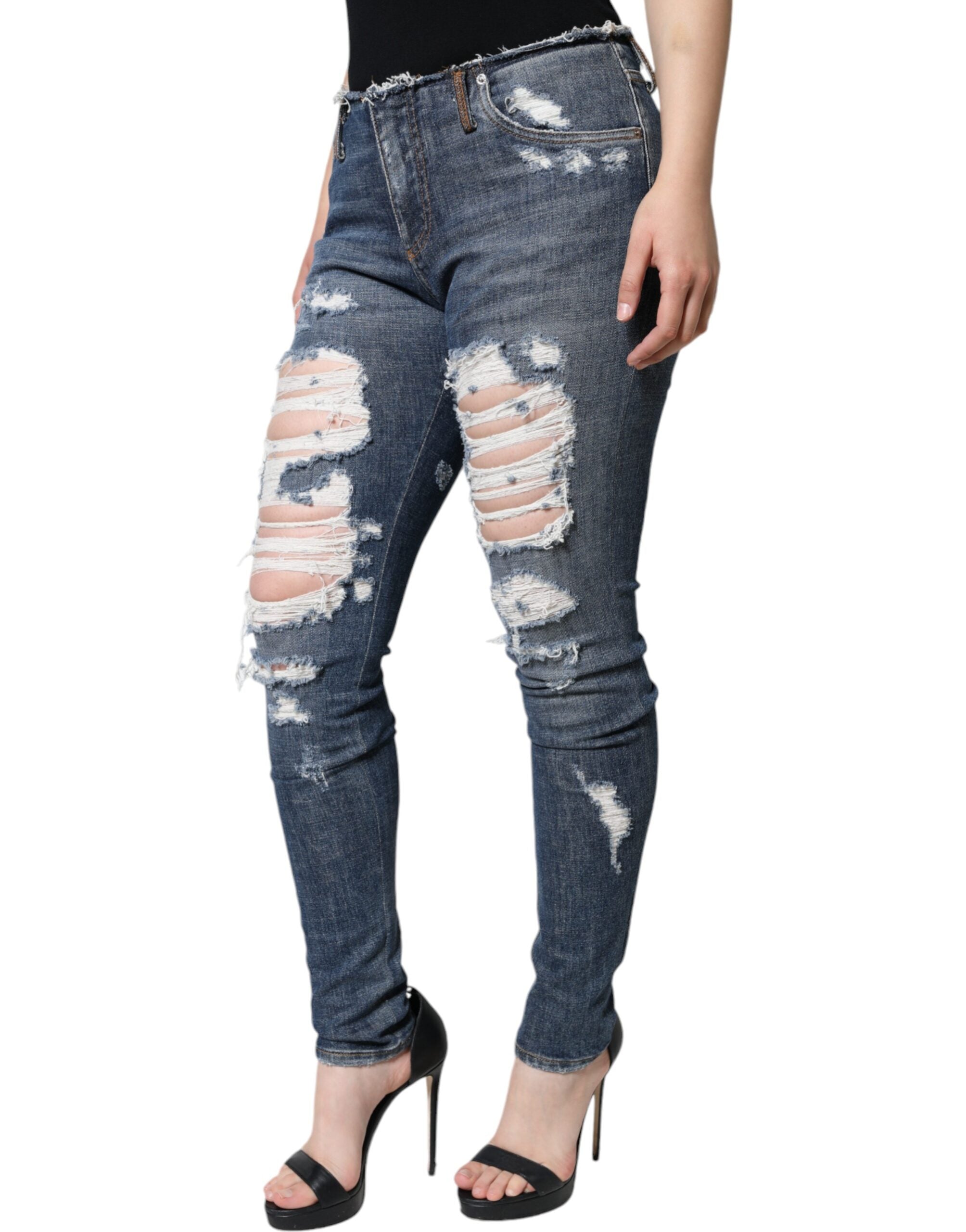 Dolce & Gabbana Blue Frayed Cotton-Blend Skinny Jeans