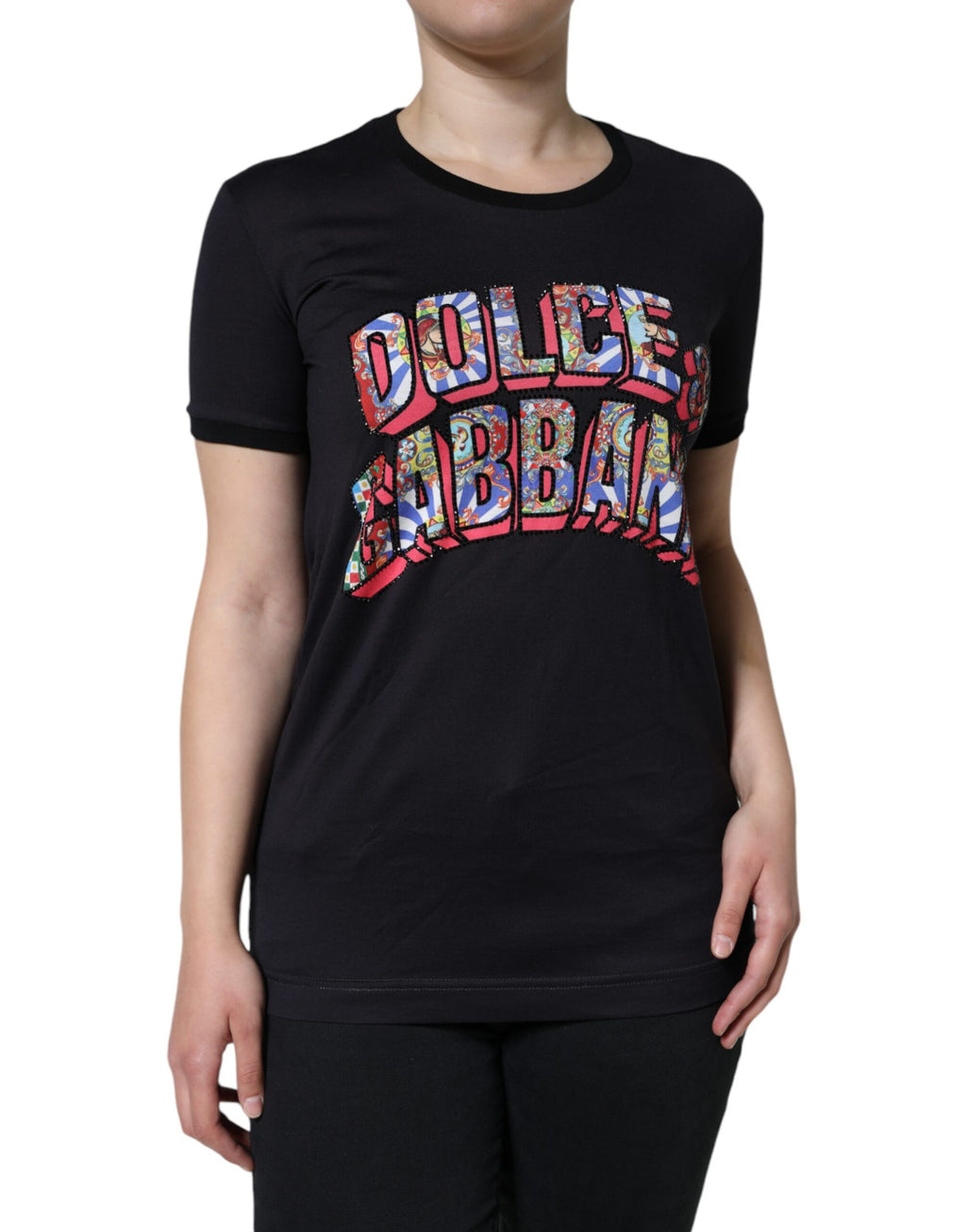Dolce & Gabbana Black Cotton Crew Neck T-Shirt with Logo Print