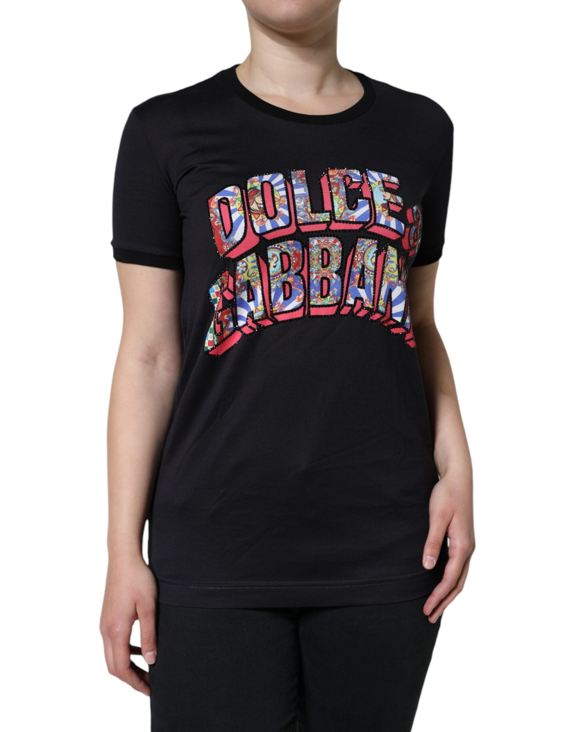 Dolce & Gabbana Black Cotton Crew Neck T-Shirt with Logo Print