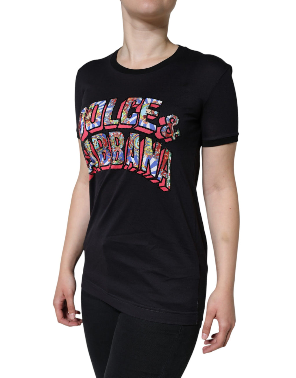Dolce & Gabbana Black Cotton Crew Neck T-Shirt with Logo Print