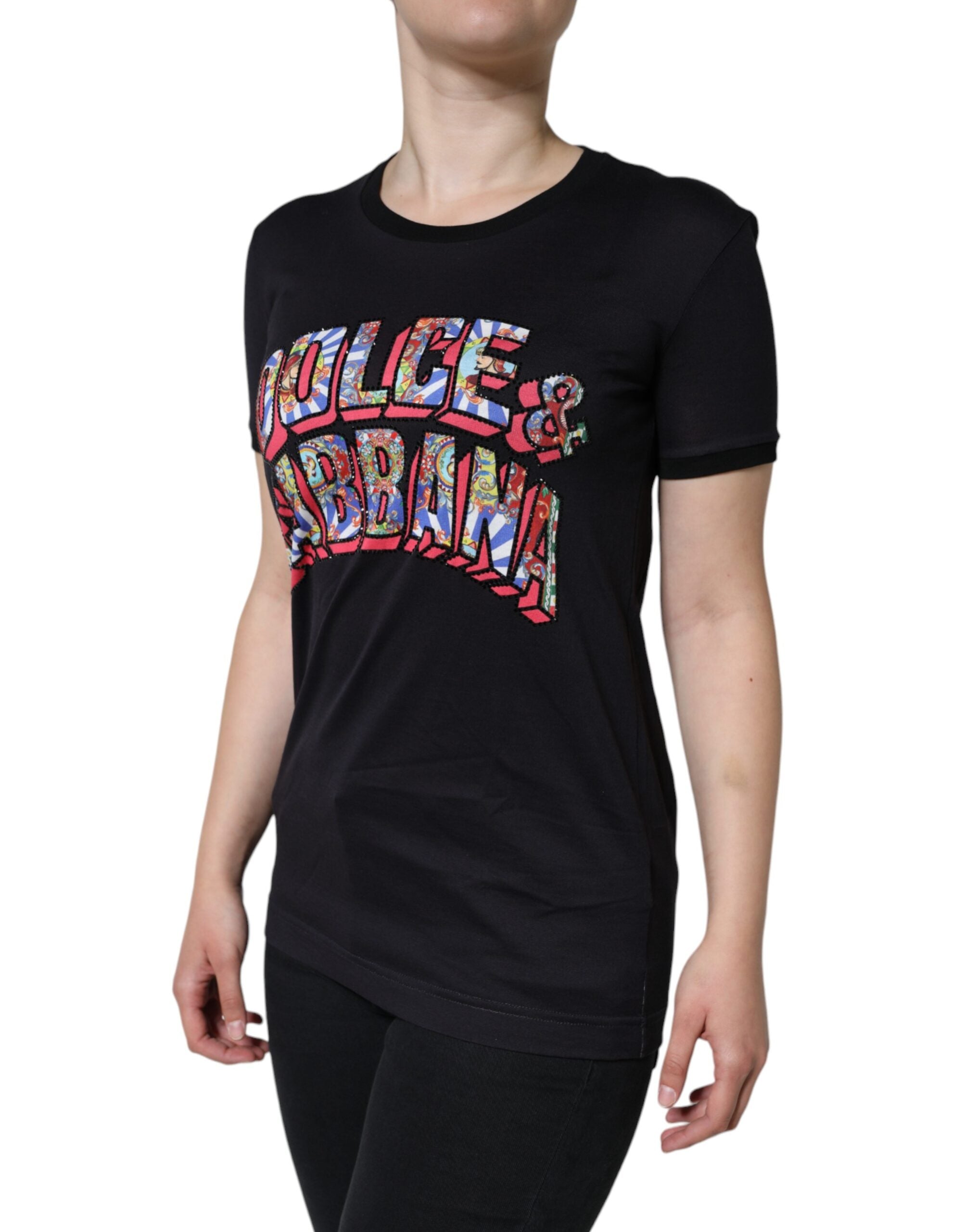 Dolce & Gabbana Black Cotton Crew Neck T-Shirt with Logo Print