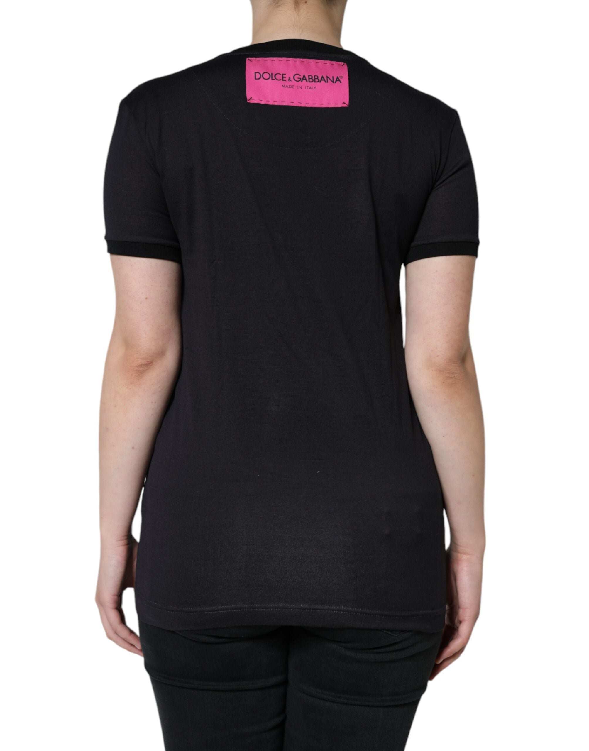 Dolce & Gabbana Black Cotton Crew Neck T-Shirt with Logo Print