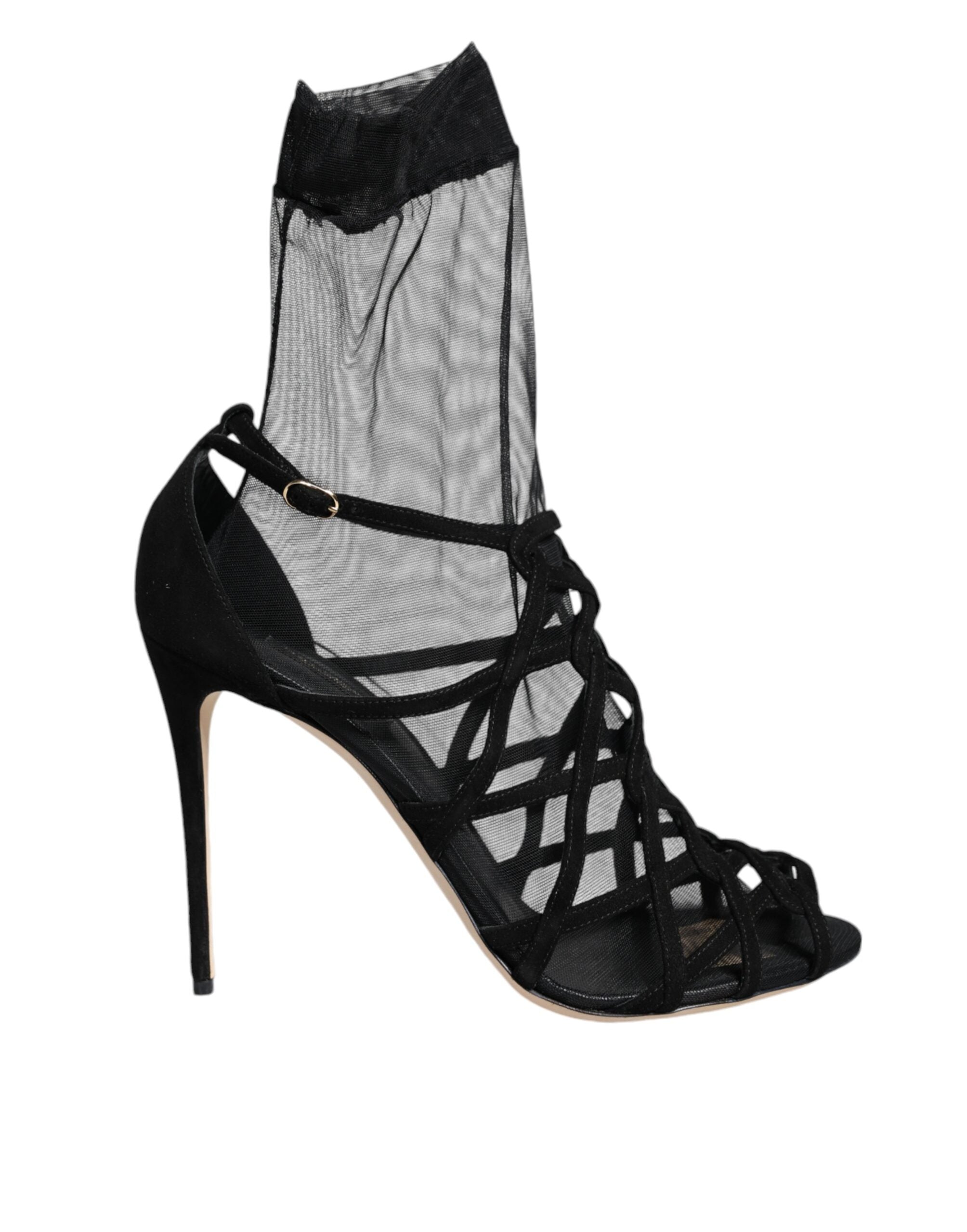 Dolce & Gabbana Black Tulle Stretch Heel Sandals Shoes