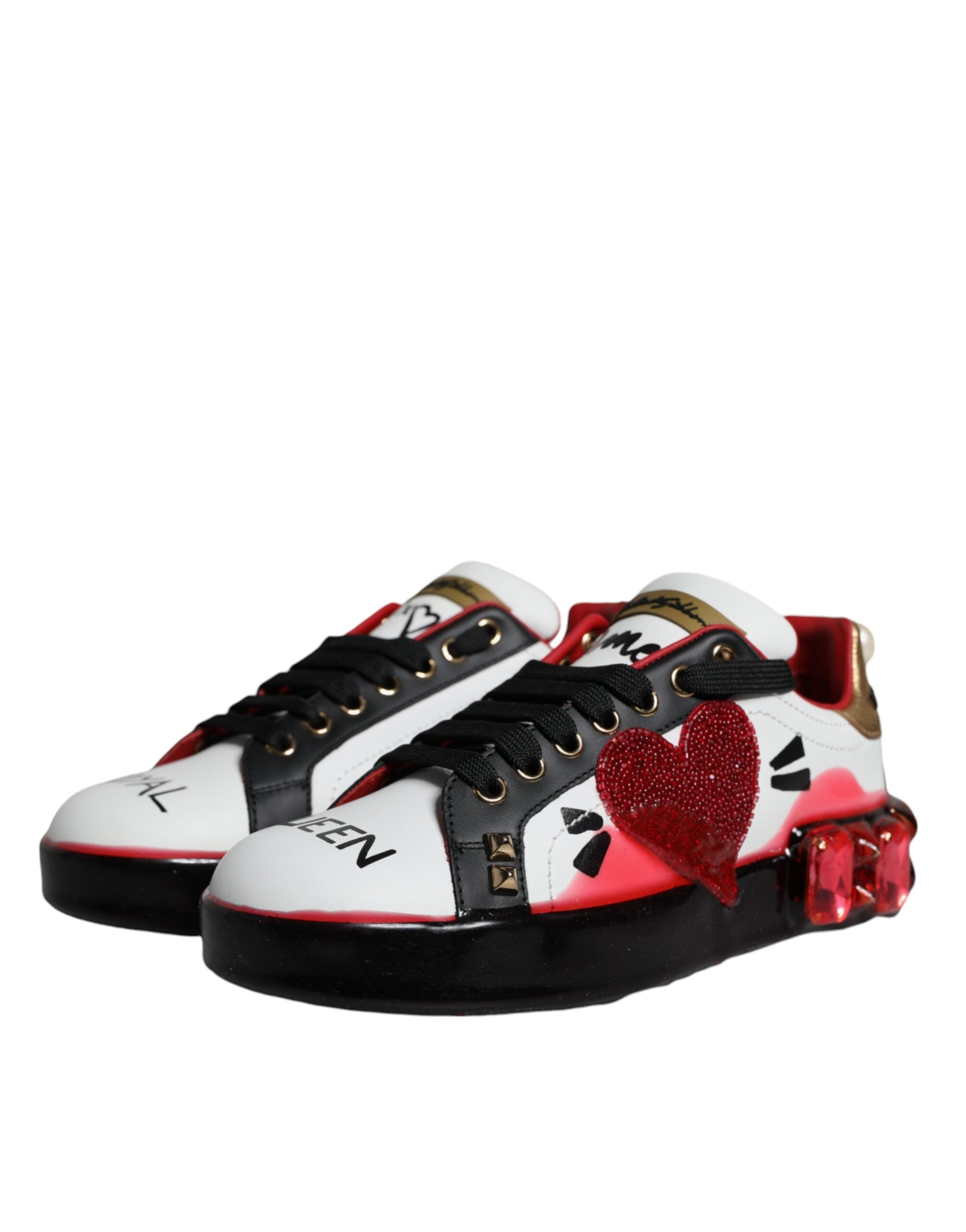 Dolce & Gabbana White Red Crystal Leather Portofino Sneakers Shoes