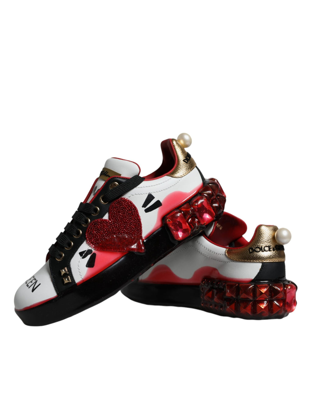 Dolce & Gabbana White Red Crystal Leather Portofino Sneakers Shoes