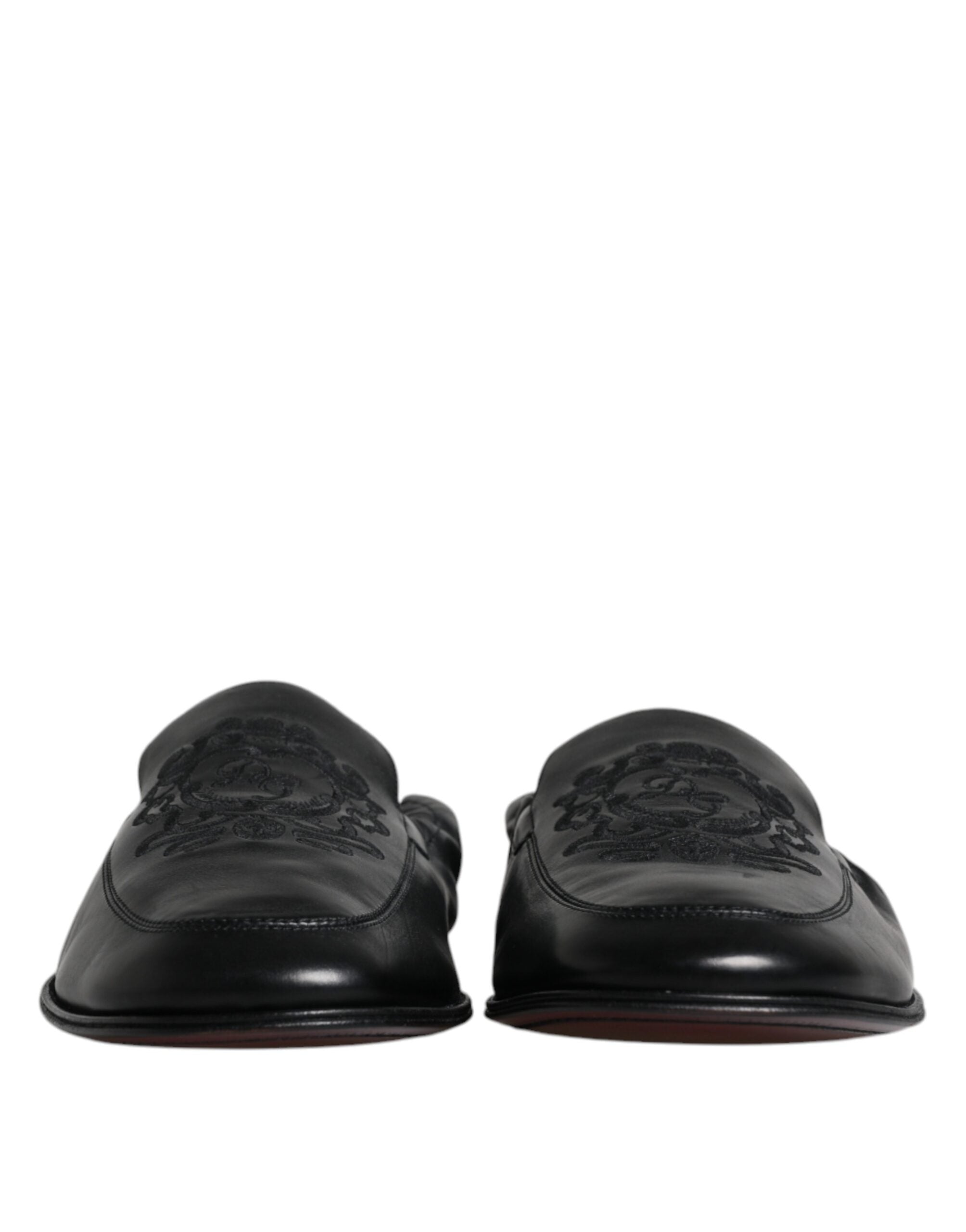 Dolce & Gabbana Black Logo Embroidered Leather Loafers Men's Dress Shoes