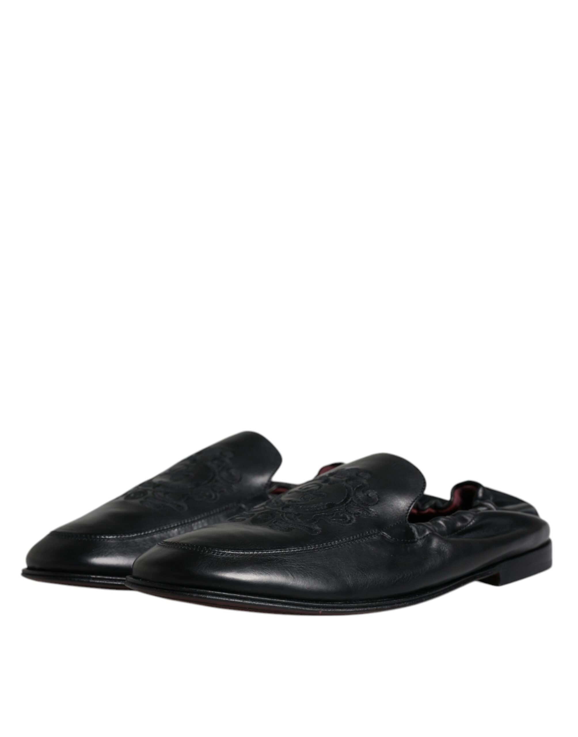 Dolce & Gabbana Black Logo Embroidered Leather Loafers Men's Dress Shoes