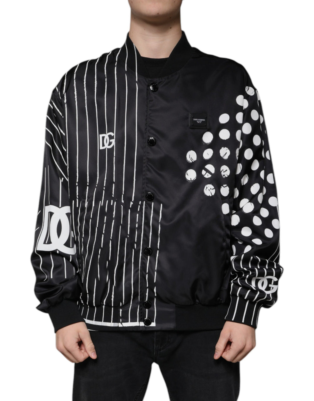 Dolce & Gabbana Black Nylon Bomber Jacket with Polka Dot Stripe