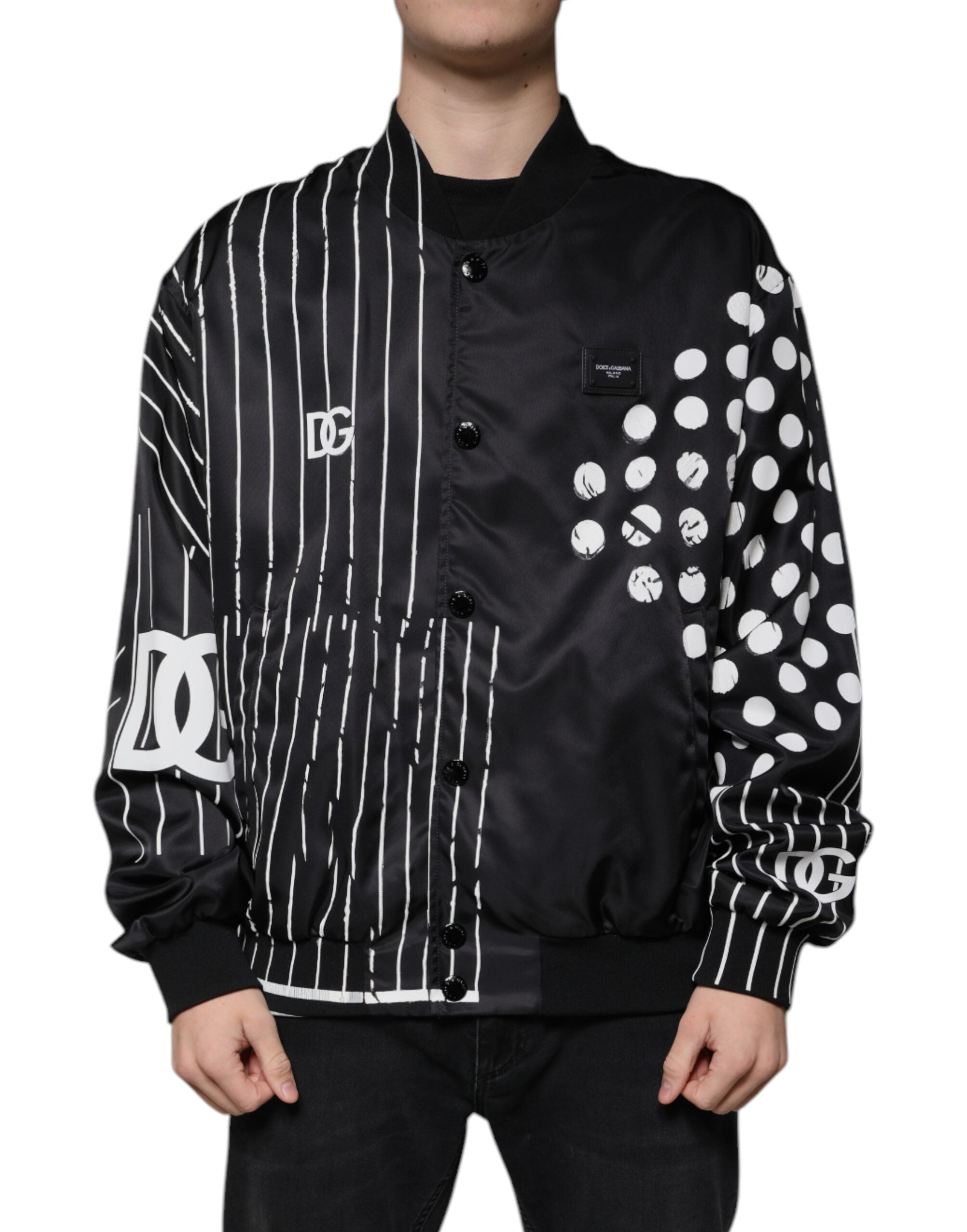 Dolce & Gabbana Black Nylon Bomber Jacket with Polka Dot Stripe