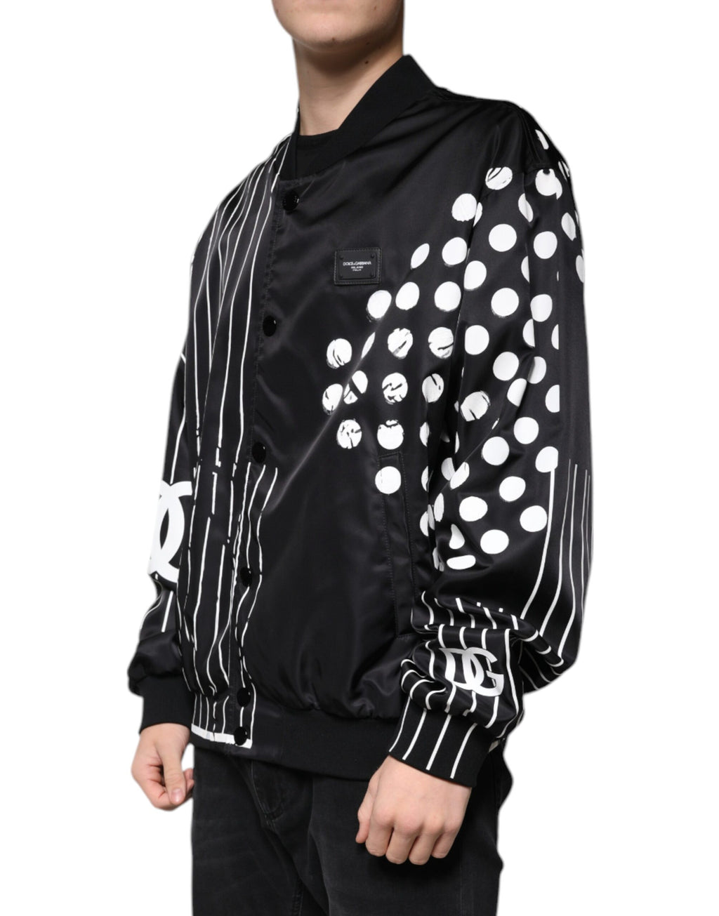 Dolce & Gabbana Black Nylon Bomber Jacket with Polka Dot Stripe